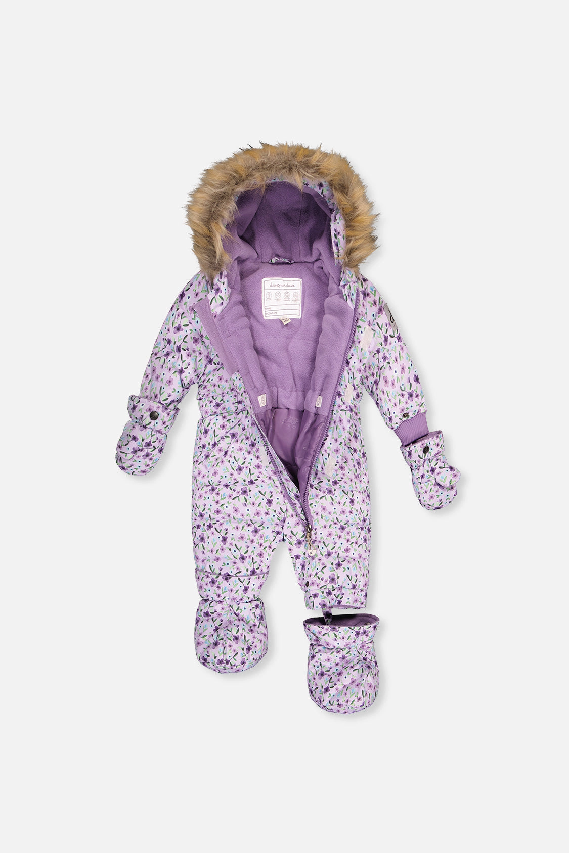 Deux par Girls Original Mini Flower Print One Piece Puffy Snowsuit with Removable Mittens and Boots
