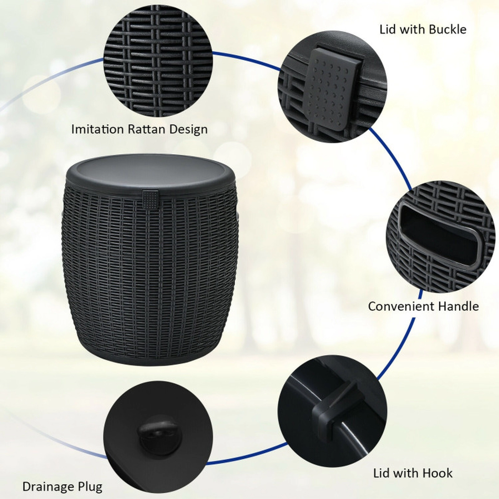 SUGIFT Black 9.5-gal 4-in-1 Rattan Style Ice Cooler Bucket Side Table and Stool with Drainage Plug