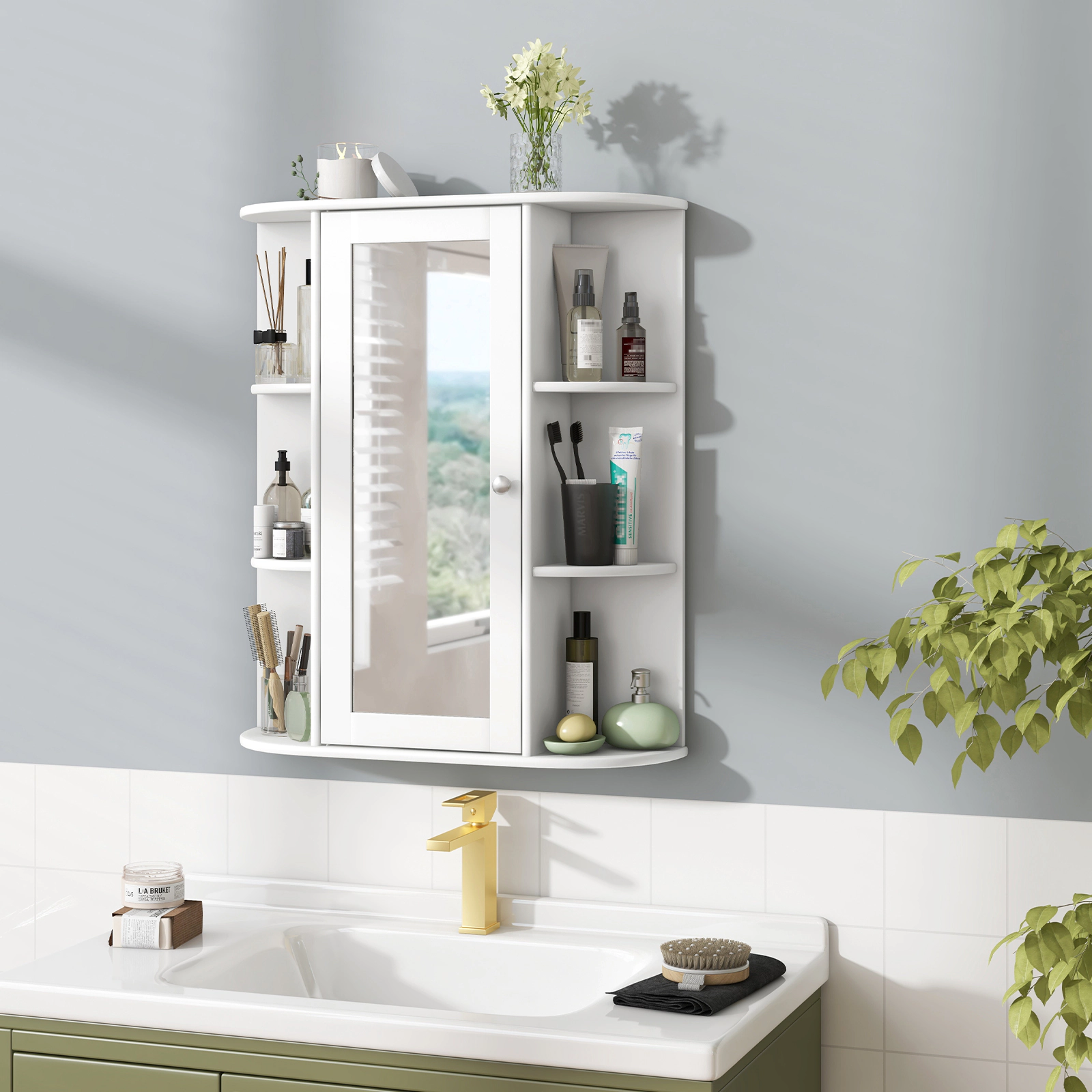 SUGIFT Mirror Door 3 Adjustable Tiers 6 Open Shelves Bathroom Medicine Cabinet 23-in x 6.5-in x 27.5-in 80-lb White