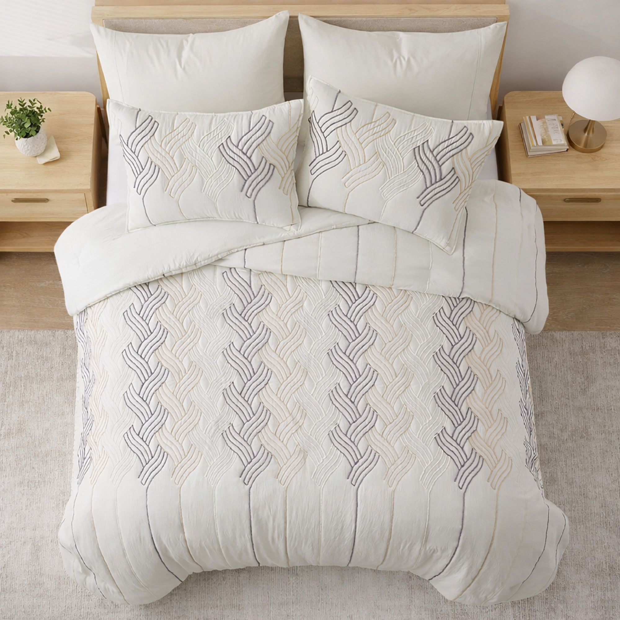 Unikome All Season Rope Embroidery Comforter Set, Elegant Quilted Down Alternative Bedding Set