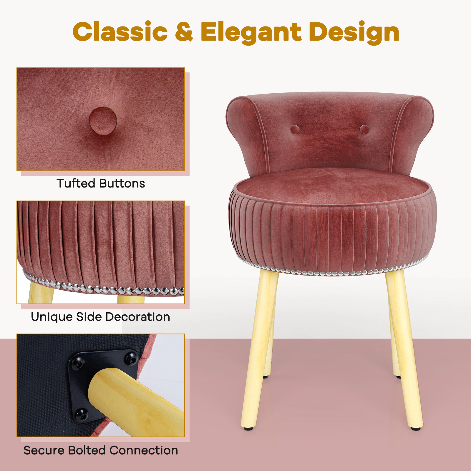 SUGIFT Pink Velvet Tufted Vanity Chair, Upholstered Stool with Back, Rubberwood Legs