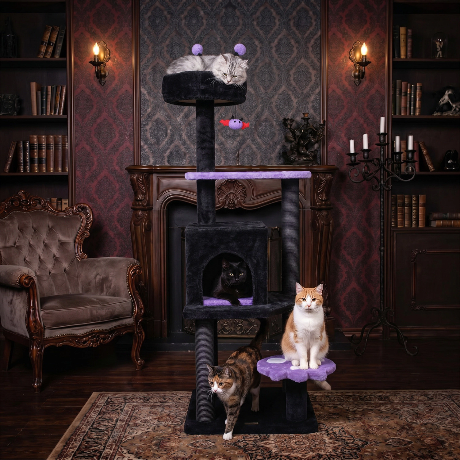 LJG 57" Spooky Cat Tower with Padded Perch and Spider-Shaped Hanging Toy