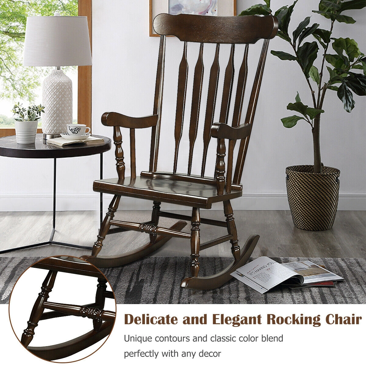 SUGIFT 300-lb Capacity Brown Solid Rubber Wood Indoor Outdoor Rocking Chair with Slatted Back and Curved Armrests