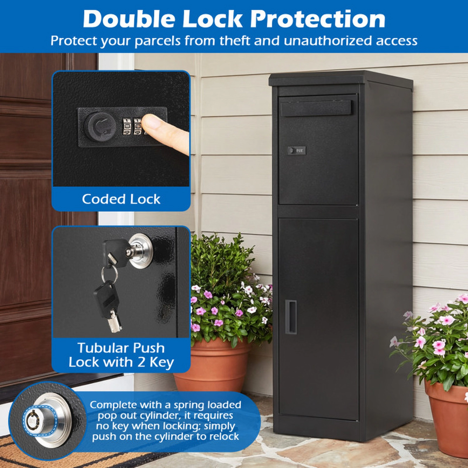 SUGIFT 2-Compartment Coded Lock Galvanized Steel Outdoor Package Delivery Box 13-in x 17-in x 44-in 110-lb Black