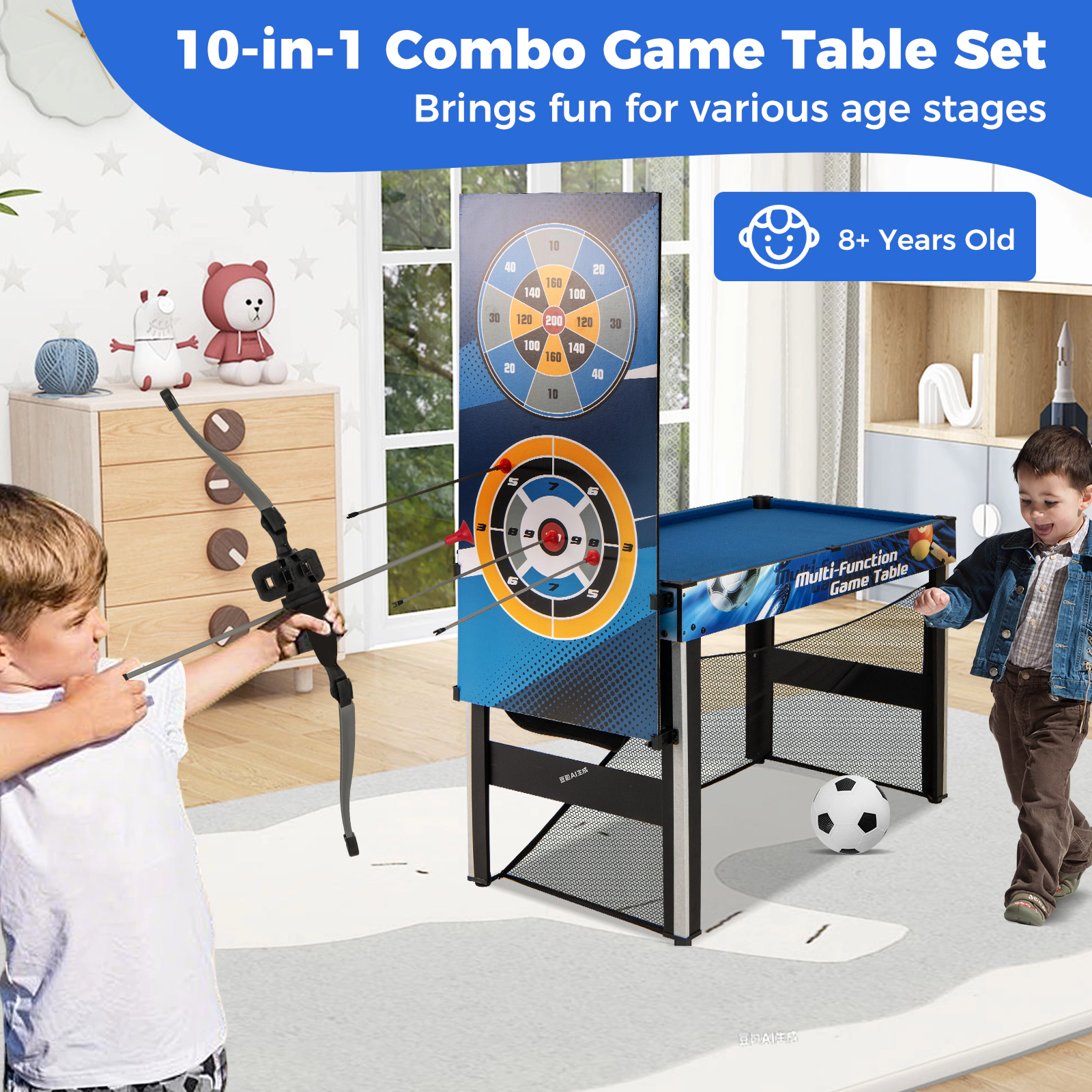 SUGIFT Blue 10-in-1 Combo Game Table Set with Basketball Archery and Billiards 48-in W 24-in D 62.5-in H