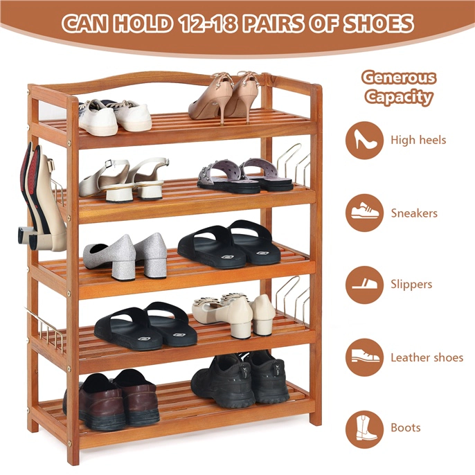 Glintex 5-Tier Acacia Wood Shoe Rack with Side Metal Hooks and Top Handle, Natural