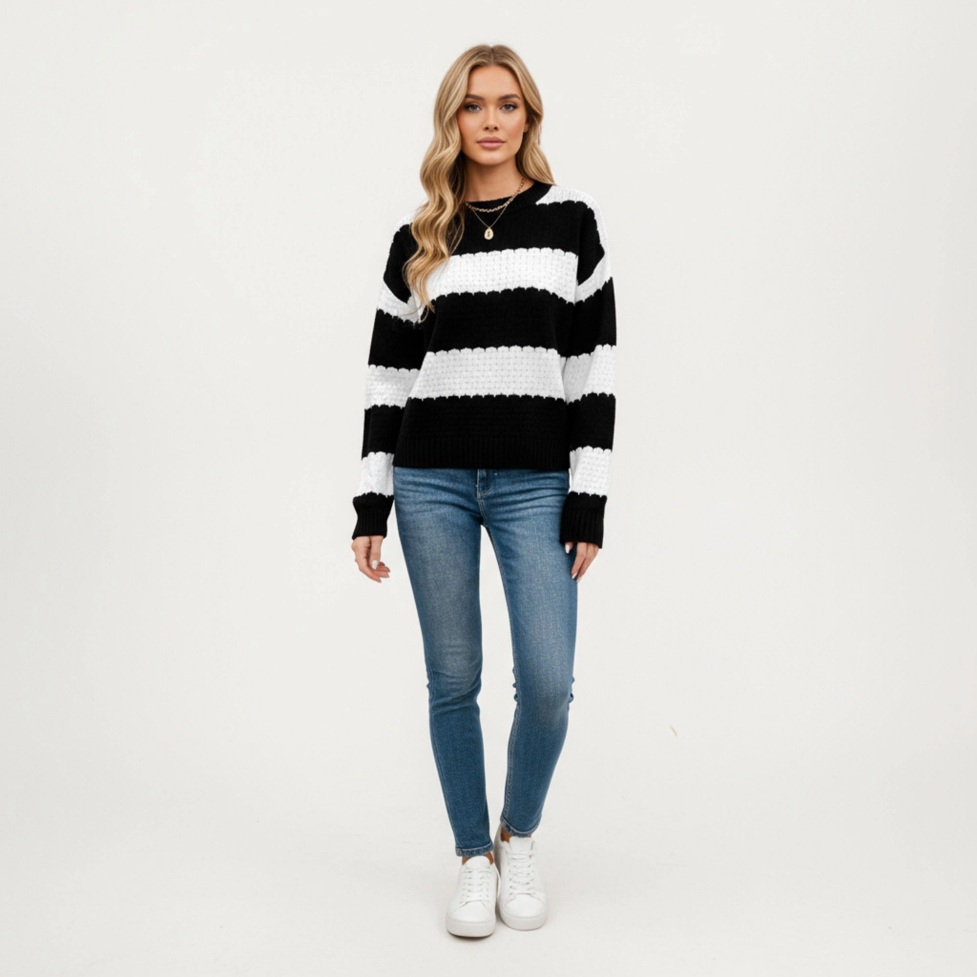 Anna-Kaci Women's Long Sleeve Knit Sweater with Bold Horizontal Stripes and Ribbed Trim