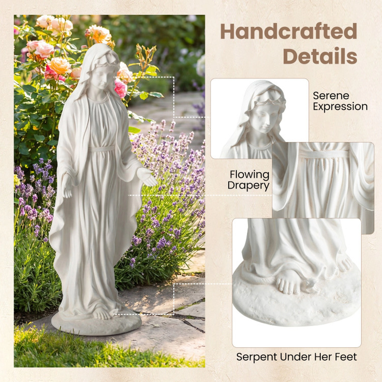SUGIFT 29.5-in Tall White Aged Finish Magnesium Oxide Virgin Mary Statue Outdoor Religious Sculpture