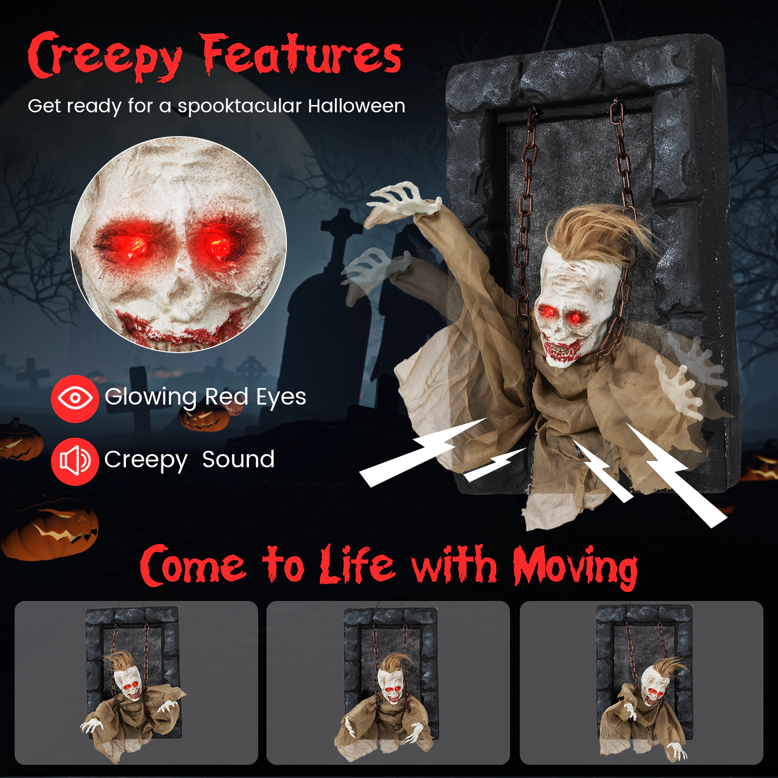 Glintex Animated Hanging Zombie Prisoner with Glowing Red Eyes and Sound Effects, Black & Beige