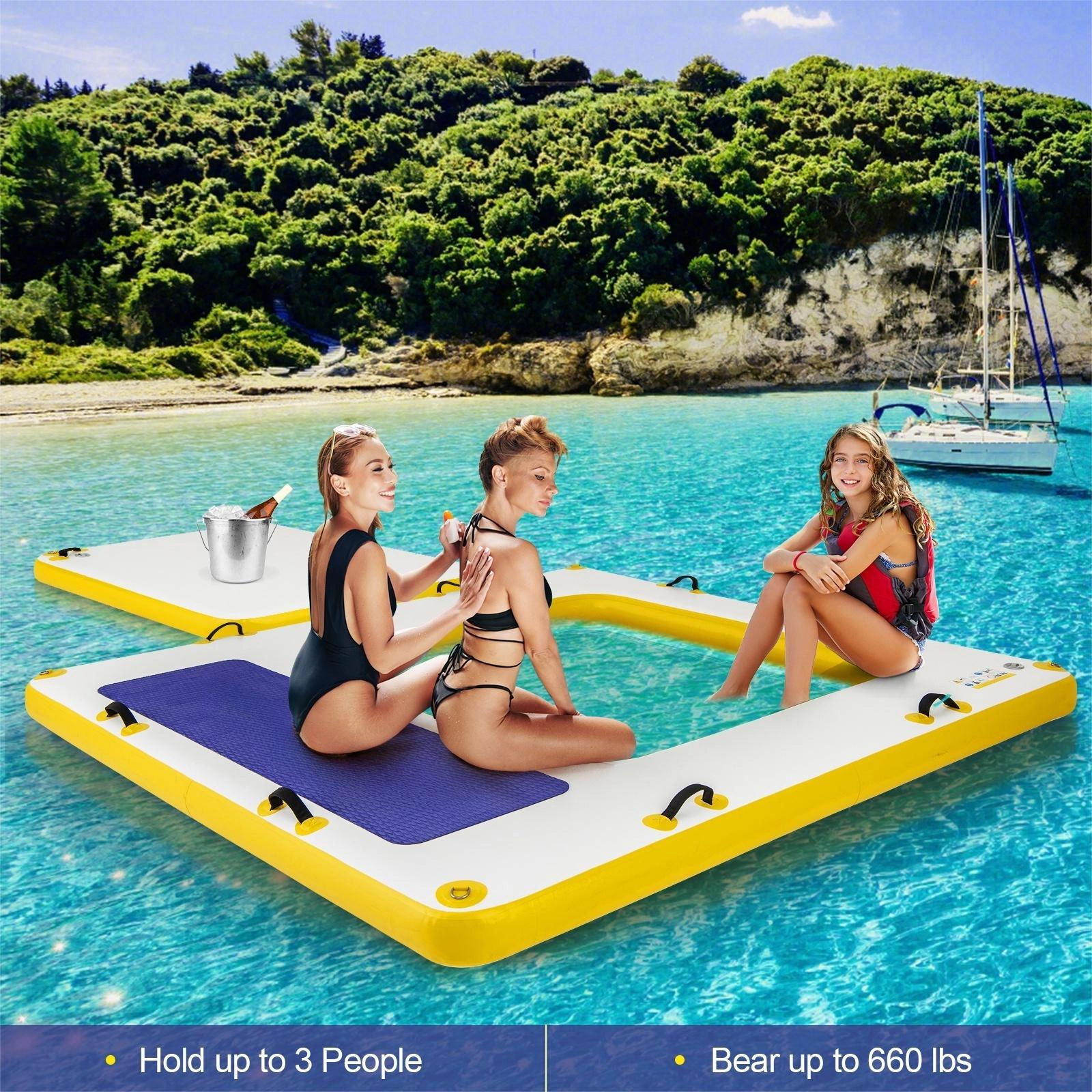 SUGIFT 8 ft x 8 ft Inflatable Floating Dock, 660 lb Capacity, Mesh Swim Lounge, Hand Pump