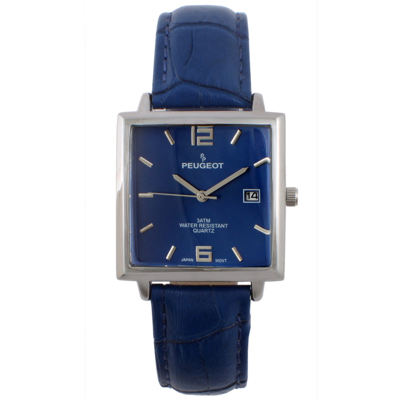 Peugeot Men's Modern 35x35mm Square Watch with Metal Case with Blue Leather Band