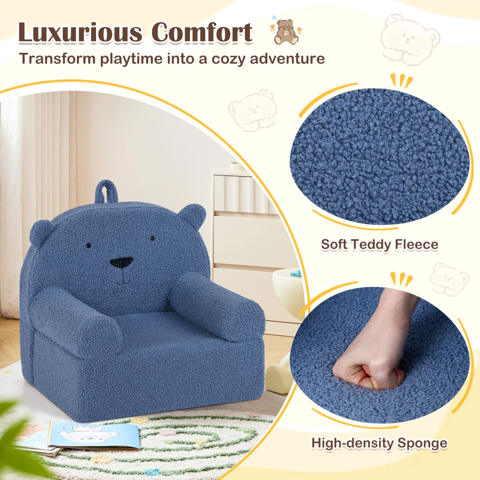 SUGIFT Kids Bear Foam Sofa Chair with Teddy Fleece Fabric Cover 20 x 16 x 18 in Ages 3+ Navy Single Seat