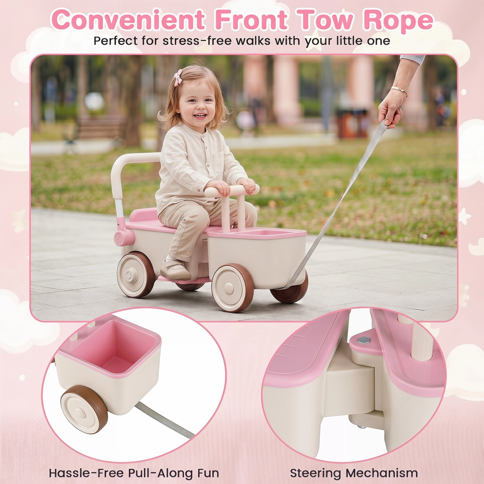 3-in-1 Kids Ride On Push Car Foldable Push Handle Tow Rope Storage Basket Toddler Push Walker Ages 3-6 Pink