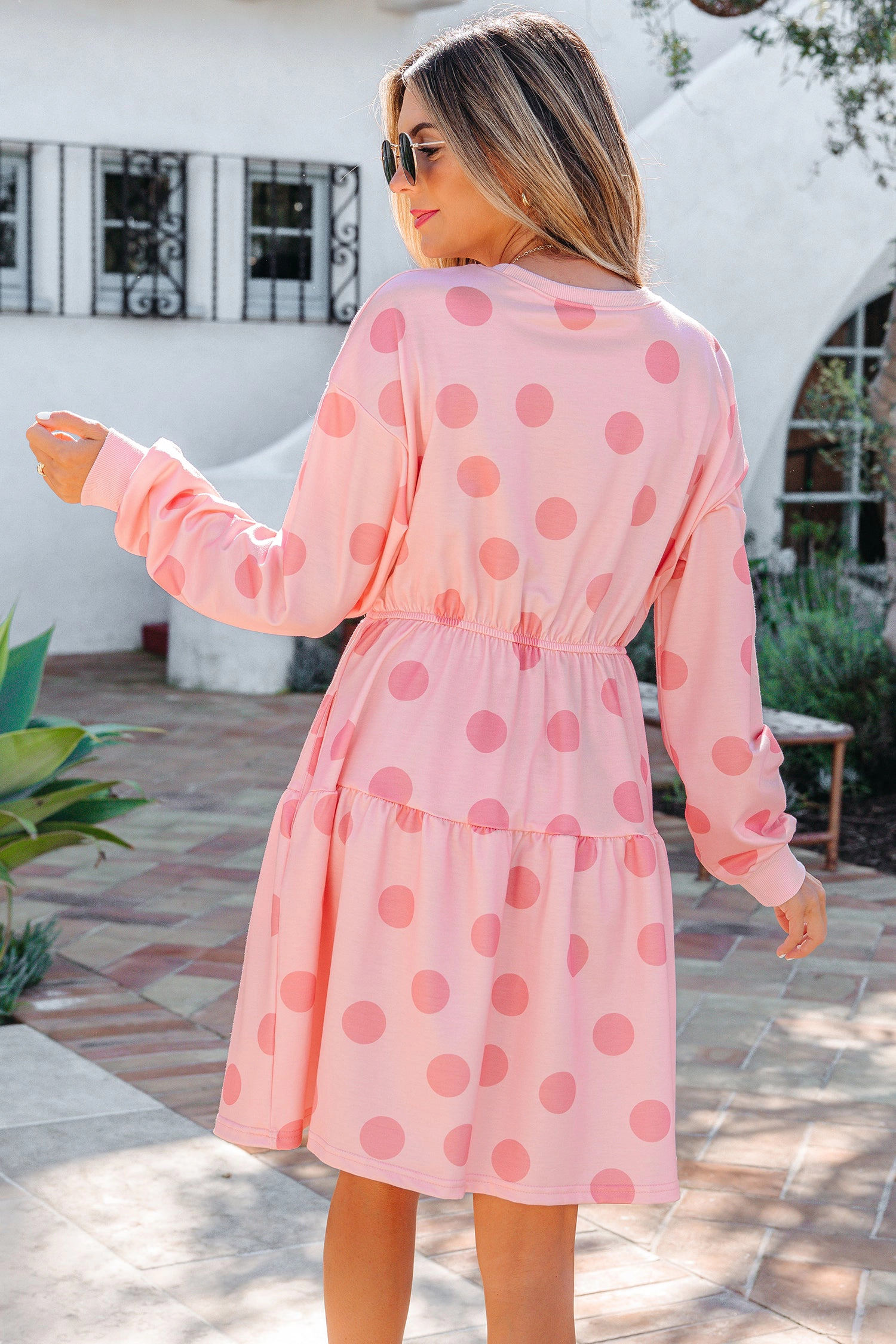 Threaded Pear Womens Anna Sleeve Flared Mini Dress - Pink Polka Dot Long
