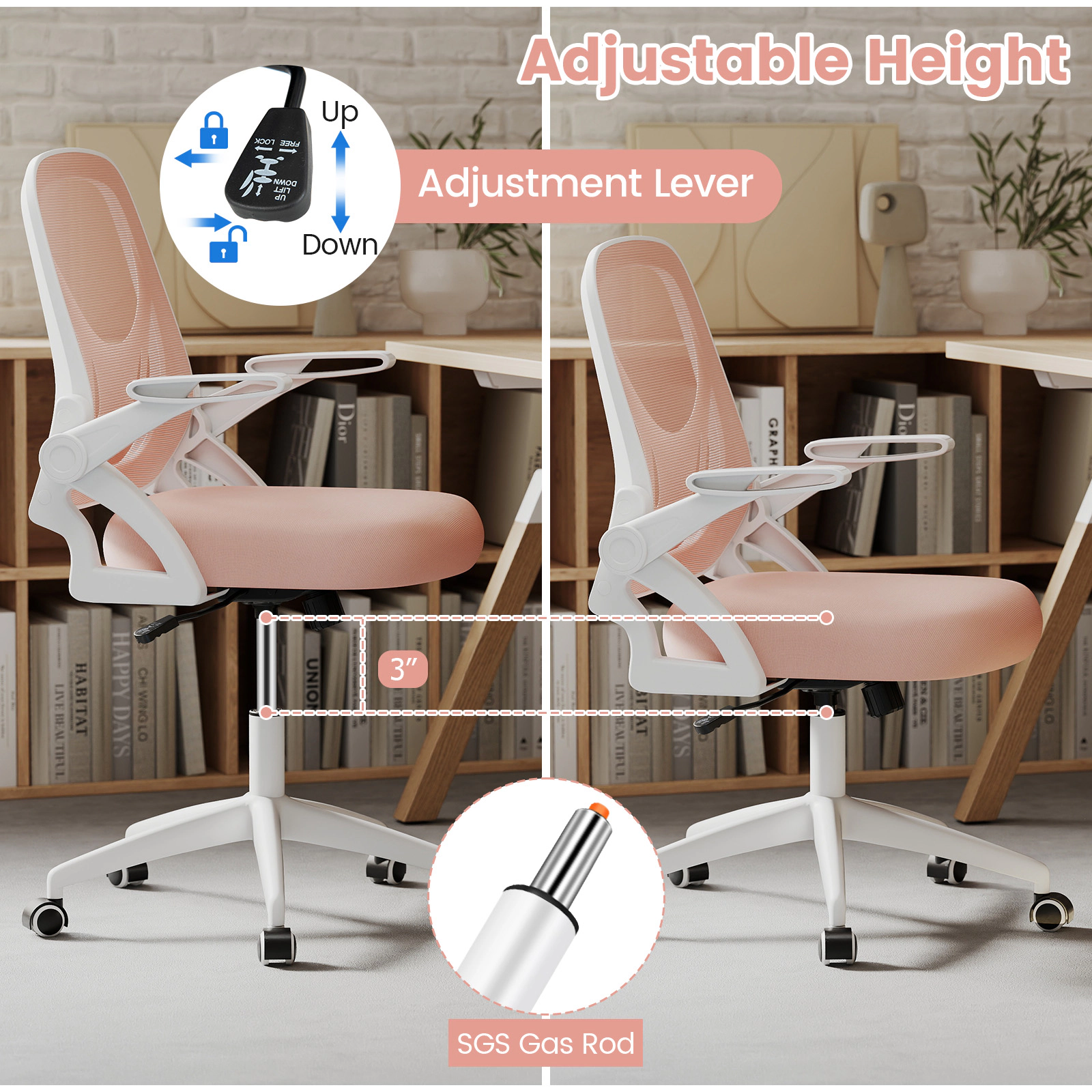 SUGIFT 330-lb Capacity Pink and White Mesh Computer Desk Chair with Built-In Lumbar Support and Flip-Up Arms