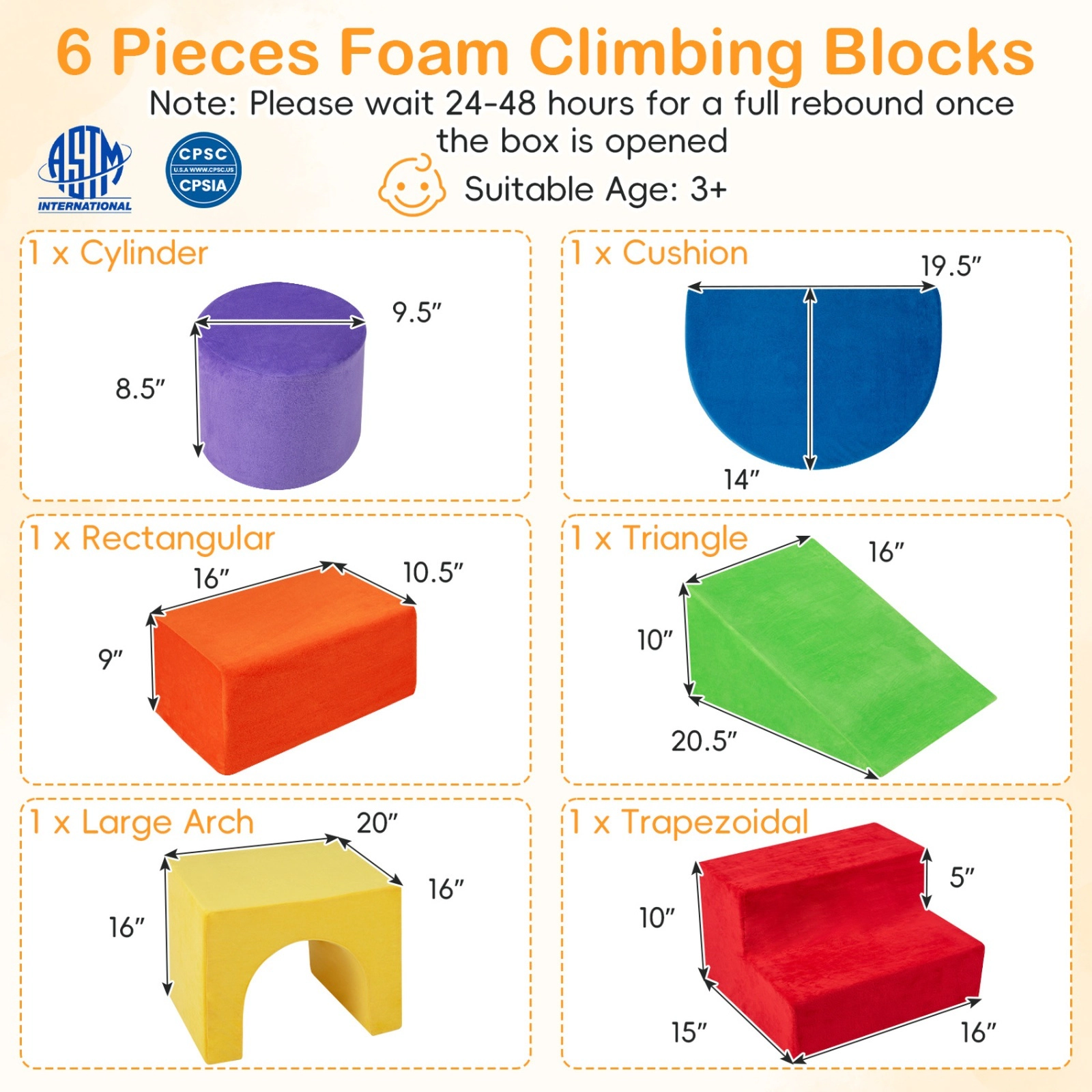 6-Piece Foam Climbing Blocks Soft Play Set with Slide Arch Tunnel and Cushion Velvet Toddler Climbing Toys Red