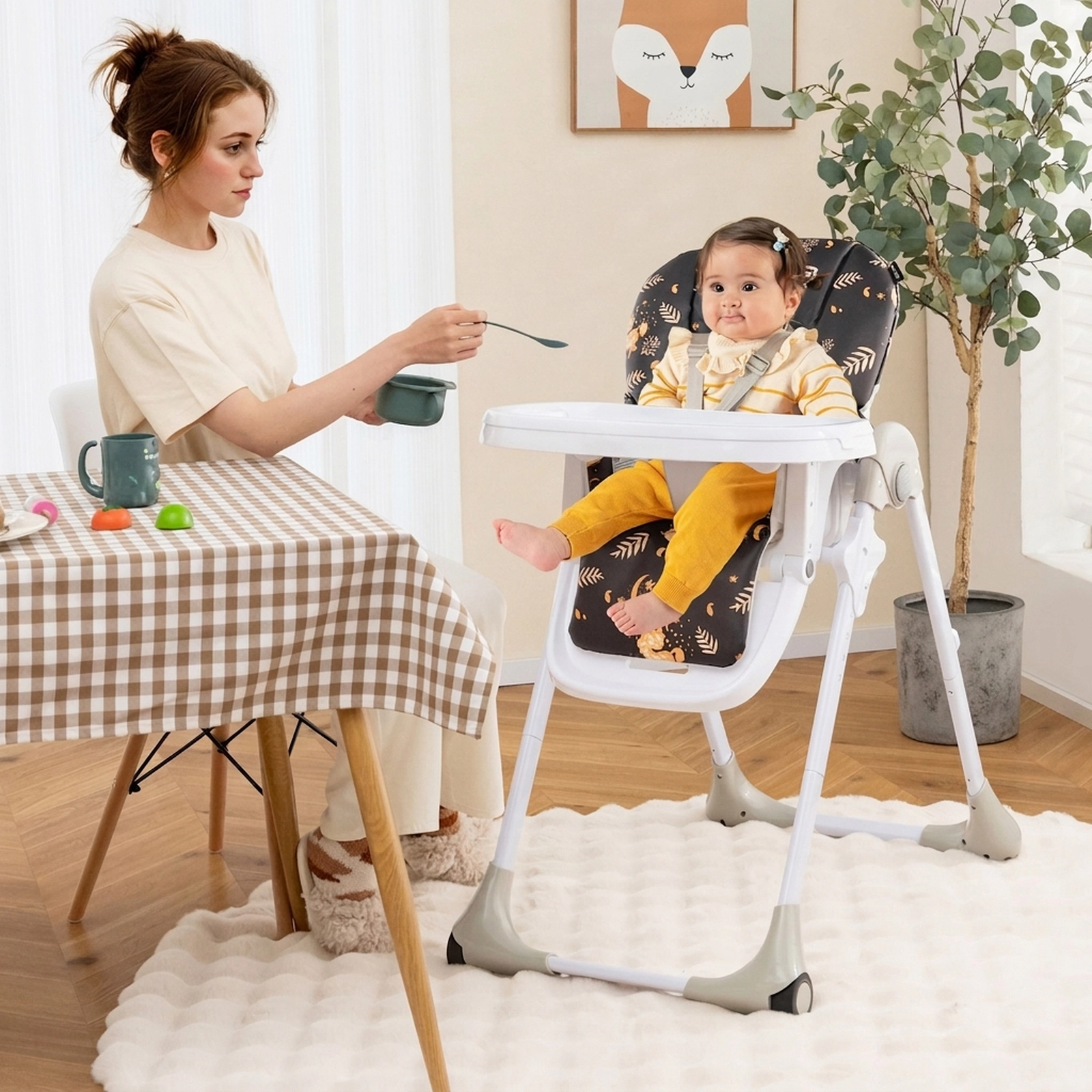 3-in-1 Convertible Baby High Chair One-Click Fold 7 Seat Heights 3 Backrest Angles 2-Position Seat Belt Dark Brown