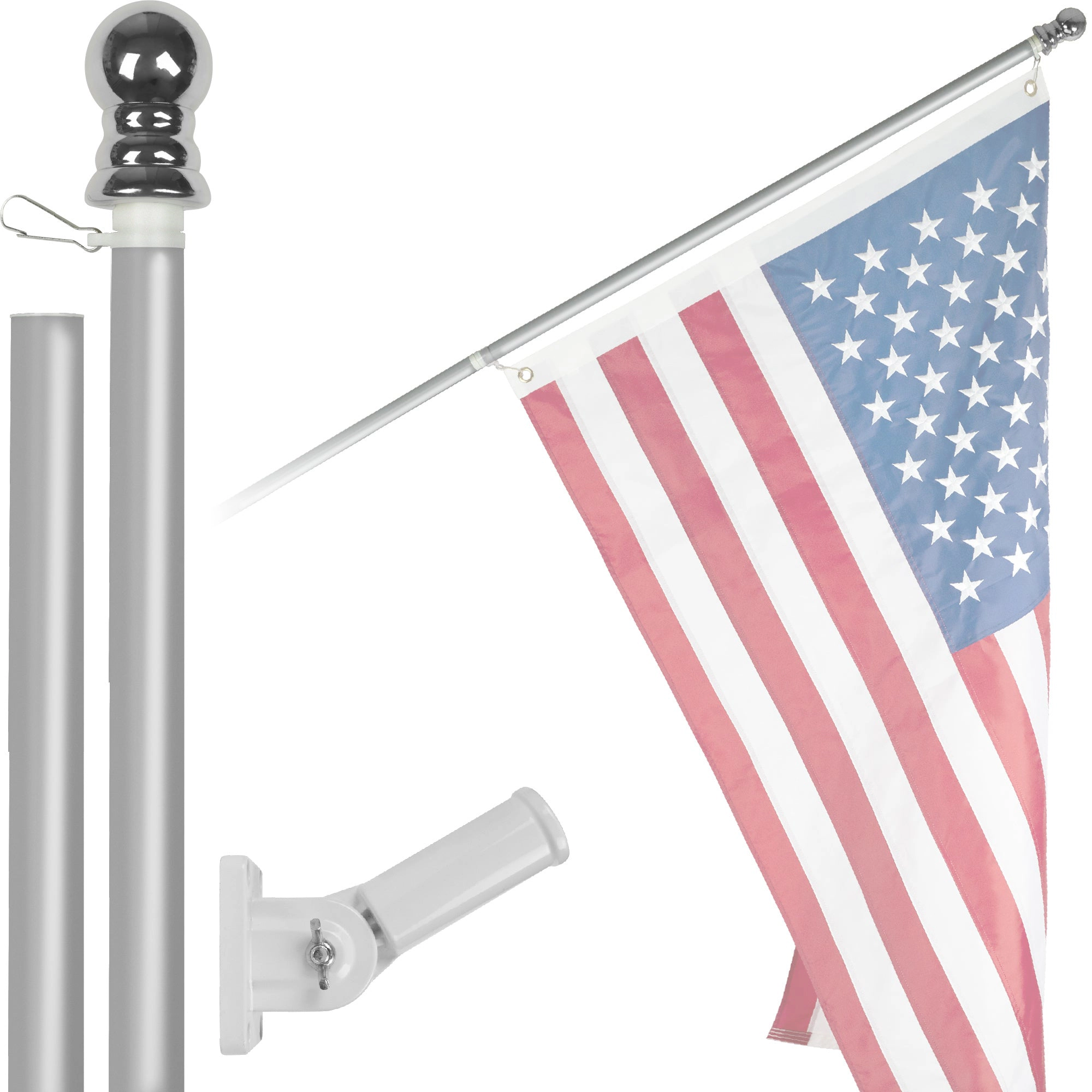 G128 6Ft Tangle-Free Spinning Aluminum Wall-Mount Flagpole, Silver - For Indoor Outdoor Use (Flag Not Included)