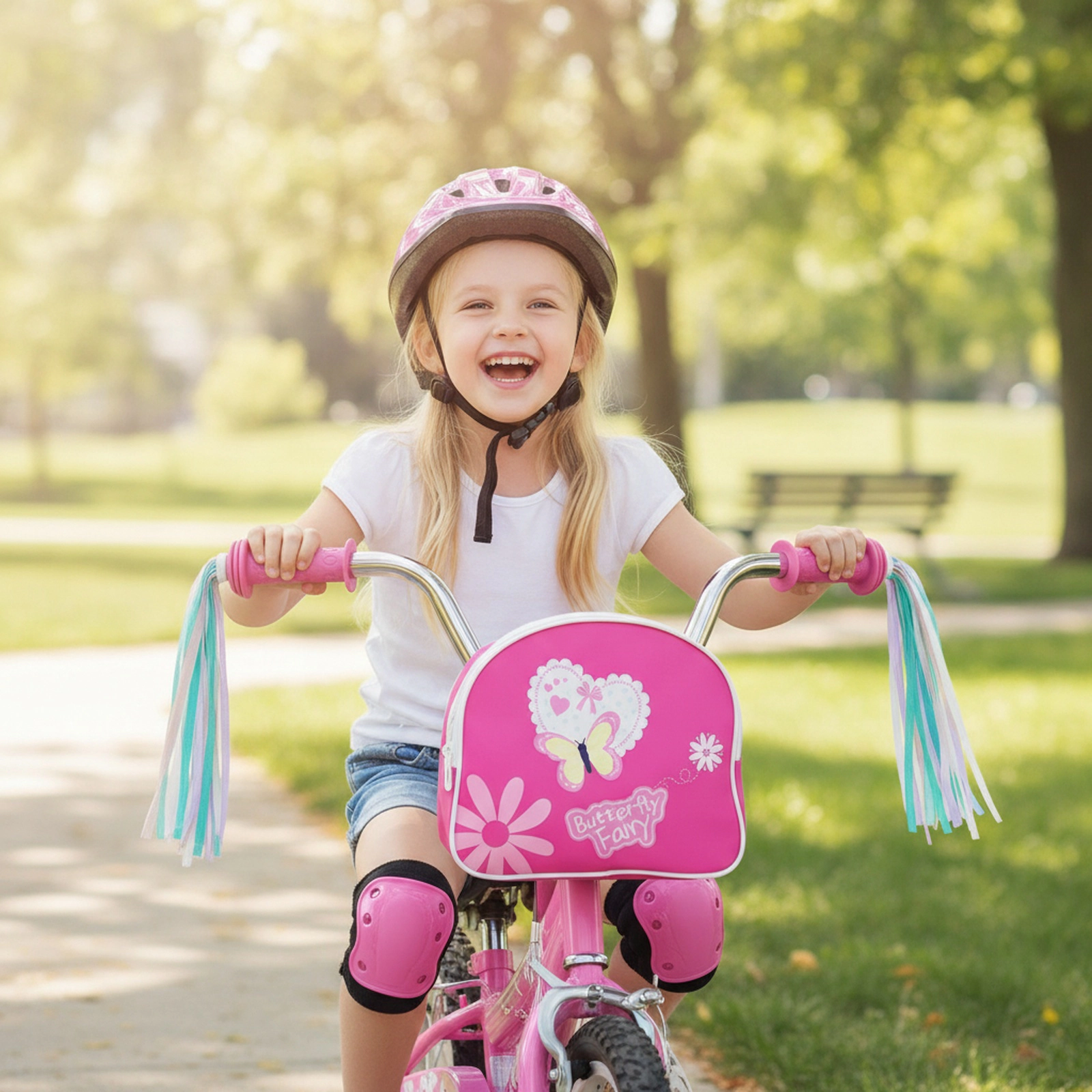 18-in Girls Bike with Front Bag Kickstand Streamers and Removable Training Wheels for Ages 4-8 Anti-Slip Grip Bicycle