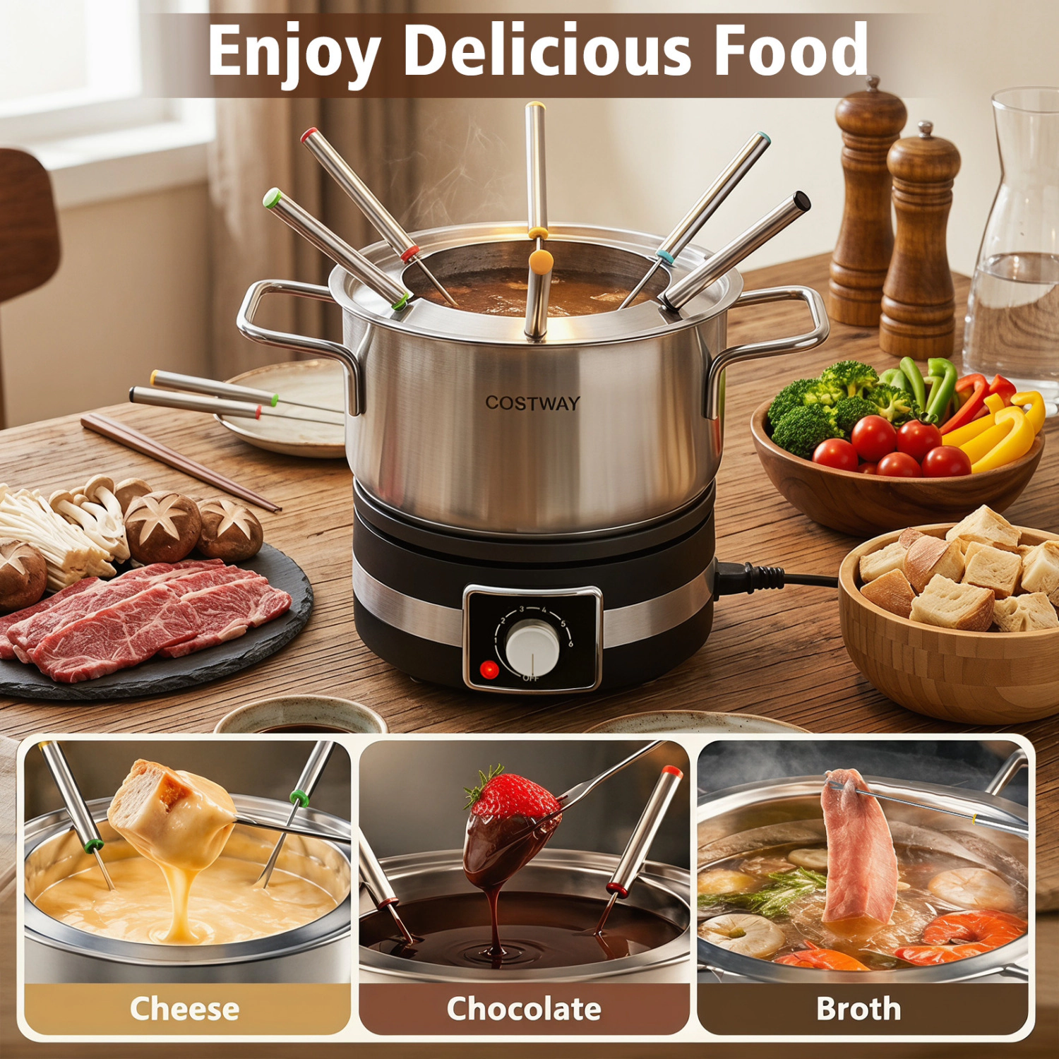 LJG 1200W Electric Fondue Pot Set with Removable Stainless Steel Pot and 6 Forks