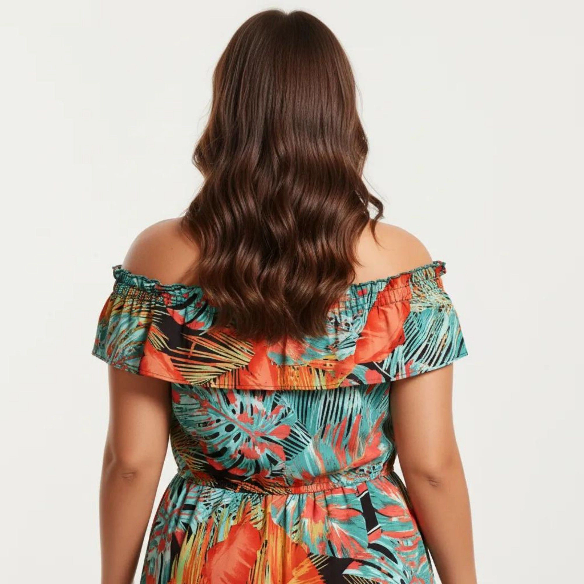 Anna-Kaci Women's Off Shoulder Tropical Print Ruffle Neckline Elastic Waist Tiered Hem Flowy Fit Midi Dress