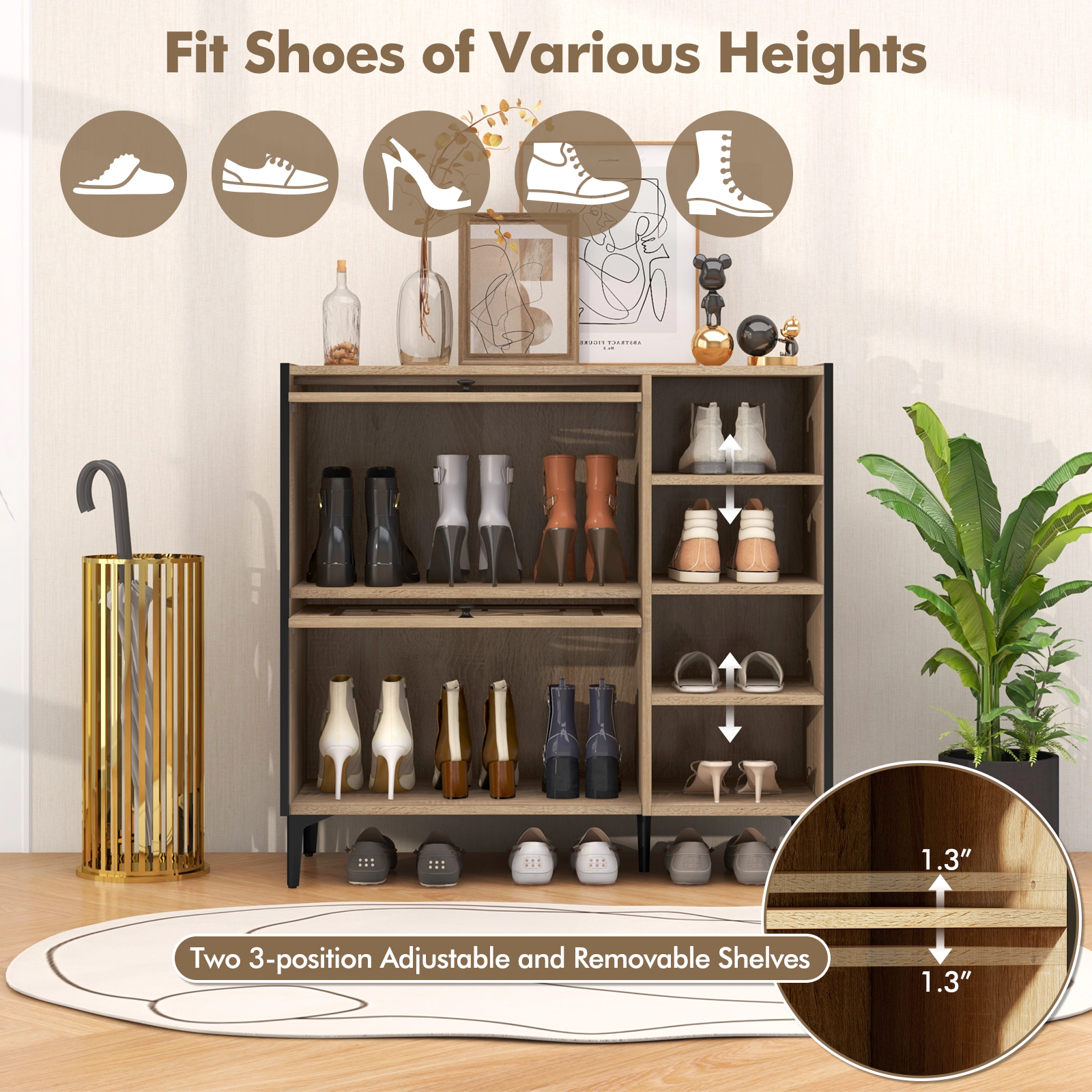 SUGIFT Oak 35.5-in Entryway Shoe Cabinet with Flip-Up See-Through Doors and 4 Open Storage Shelves