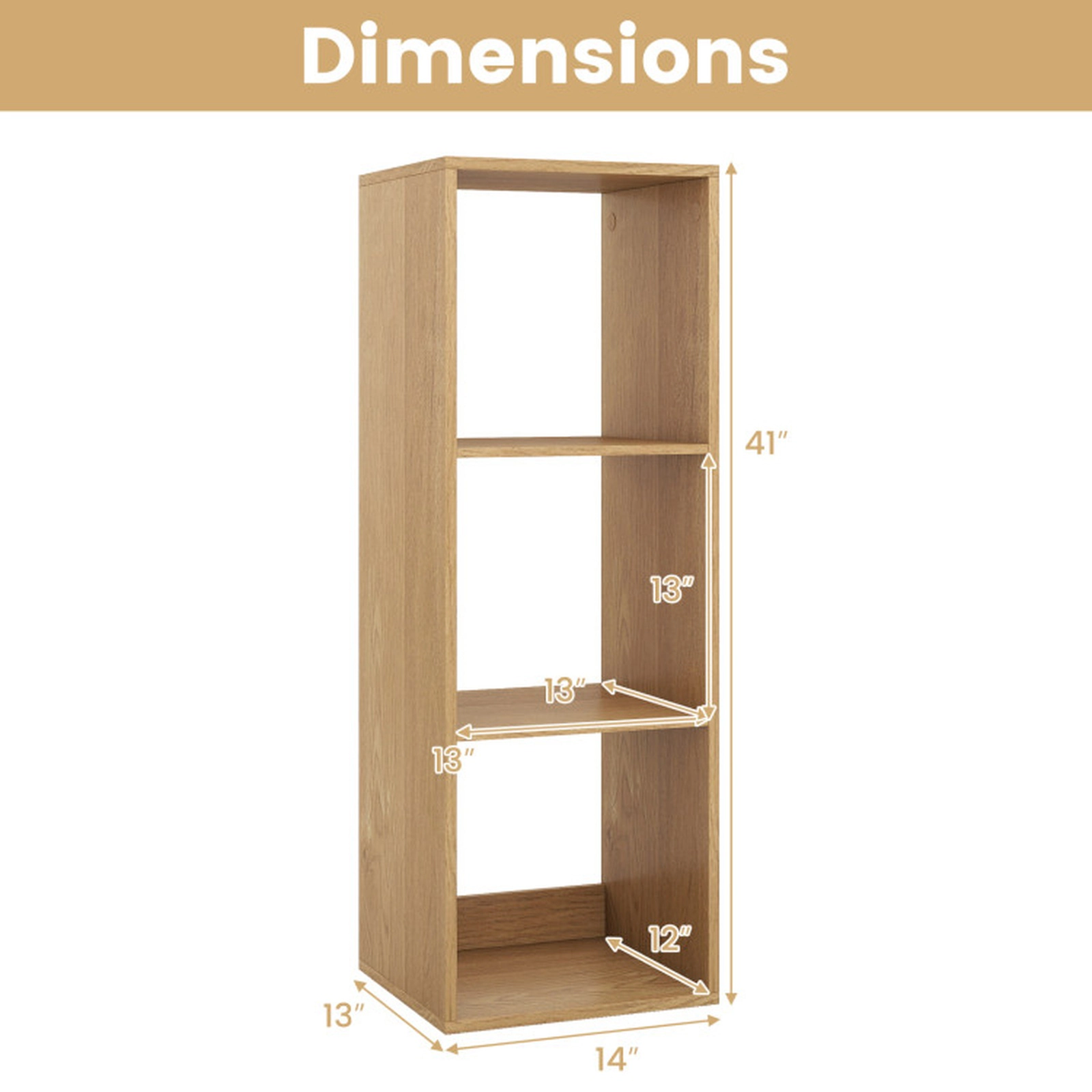 SUGIFT 3-Cube Engineered Wood Bookshelf with Back Guardrail 145-lb Capacity 41-in Tall 3-Piece White Natural Black Brown