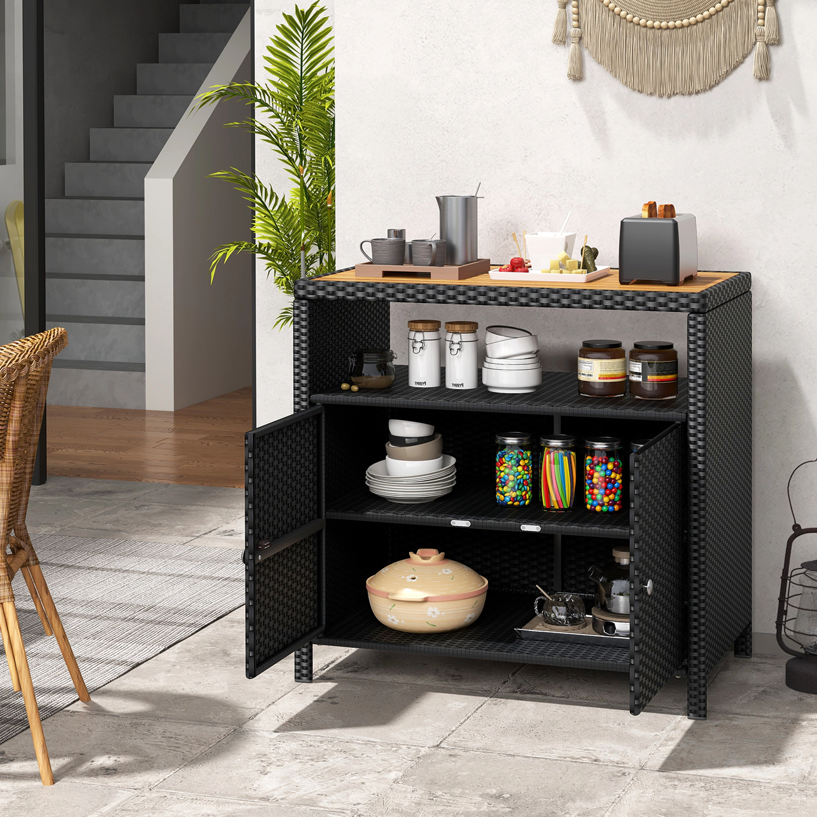 Glintex 35.5-Inch Outdoor Rattan Cabinet with Acacia Wood Countertop, Black + Natural