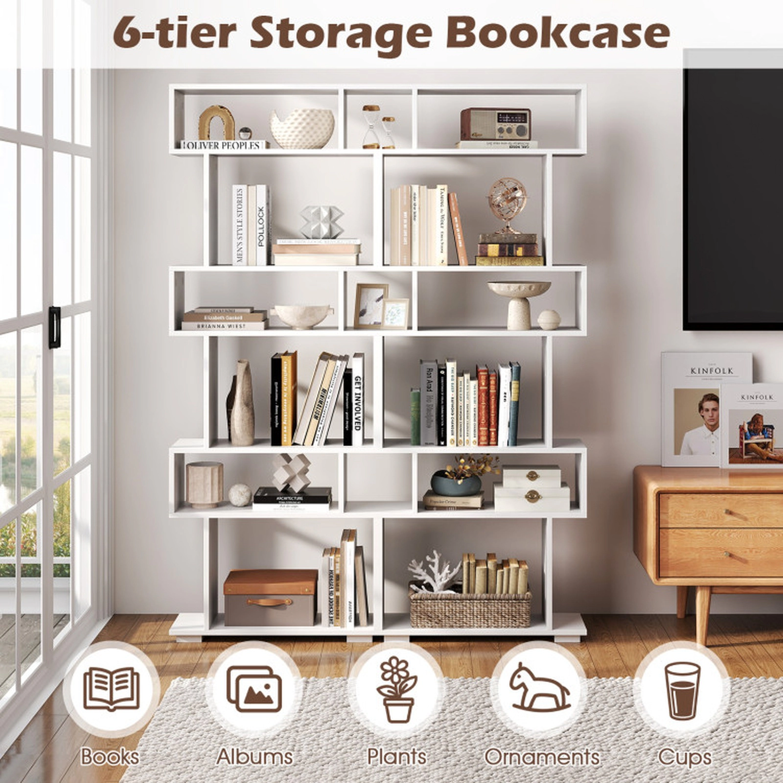 SUGIFT 6-Tier White 64-in Narrow Geometric Bookshelf with Display Shelves and 2 Anti-Tipping Kits for Bedroom