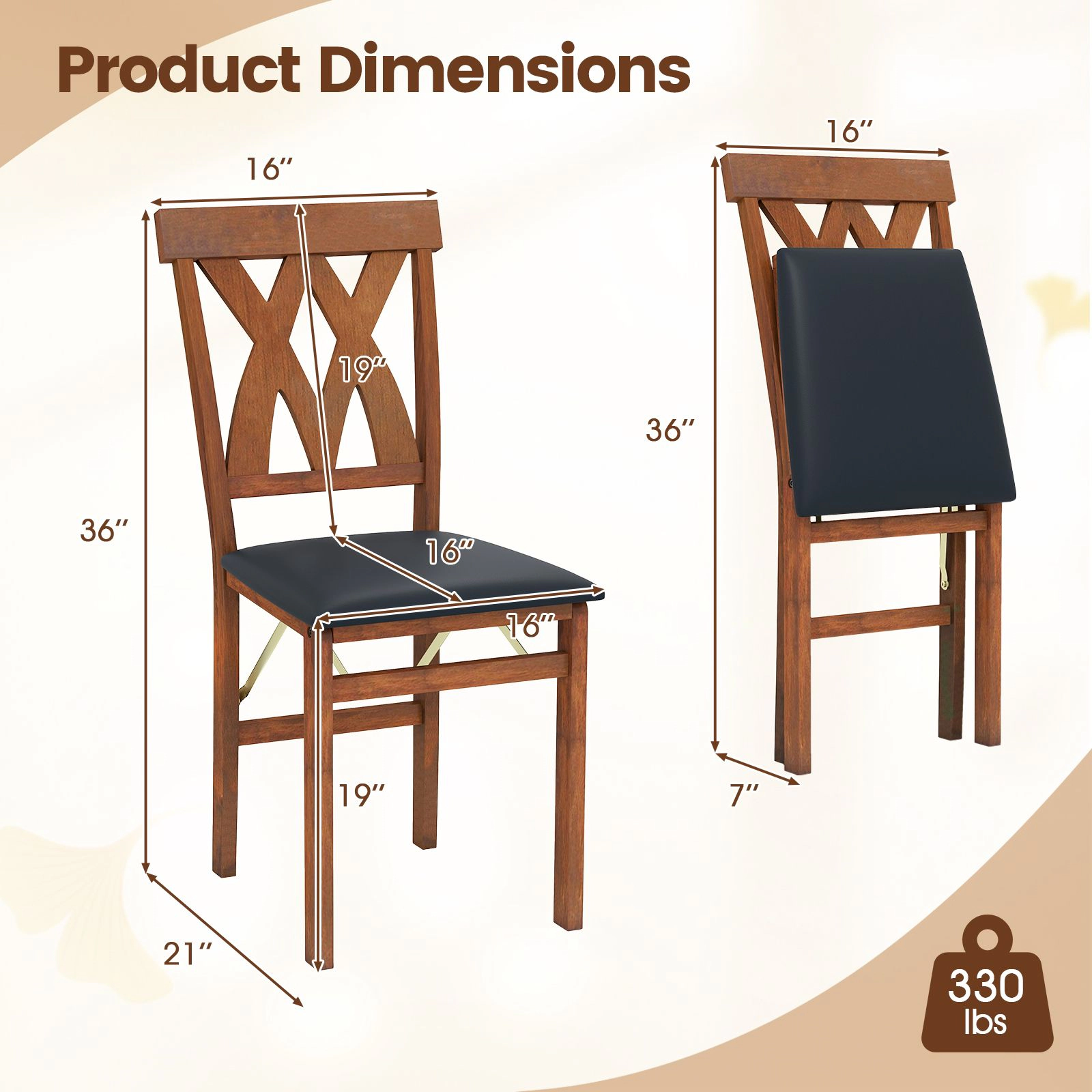 SlickBlue Set of 2 Foldable Wooden Dining Chairs, Padded Seat, Curved Backrest