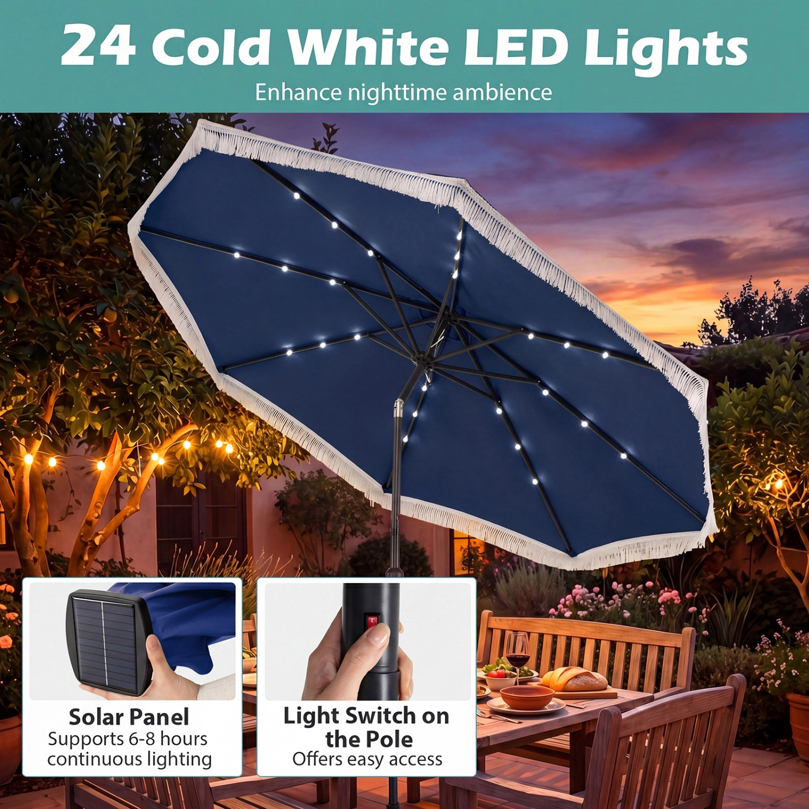 SUGIFT 10-ft Navy Blue Solar Patio Umbrella with 24 LED Lights Boho Tassel Fringe and Detachable Pole