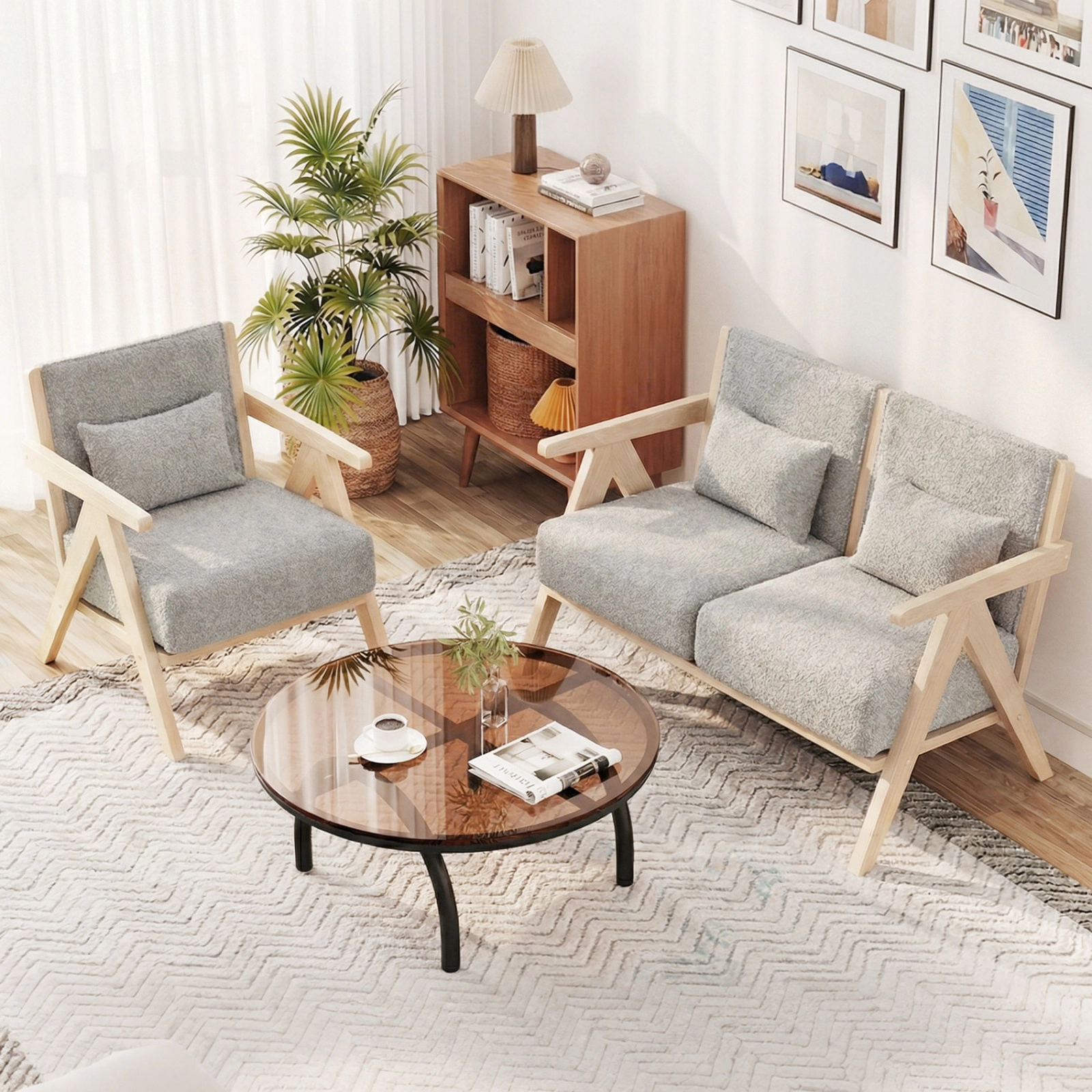 SUGIFT Mid-Century Modern Accent Chair Artificial Leather Sofa Chair Rubber Wood Frame 440-Lb Capacity 28-in Frame Gray
