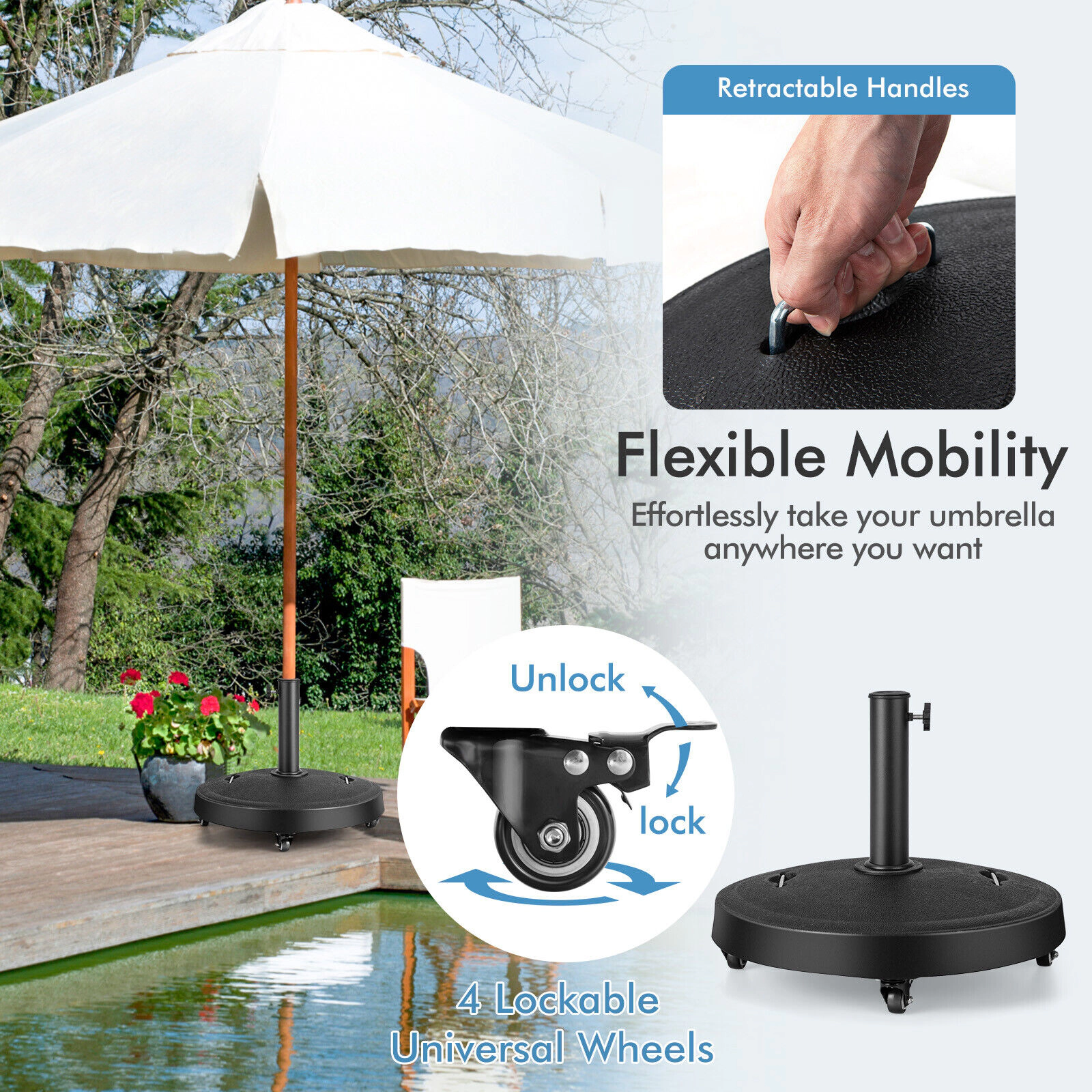 SUGIFT 51-lb 20.5-in Outdoor Umbrella Base with 360° Wheels & Retractable Handles for 10-ft Umbrellas 1.5-in/1.9-in Pole