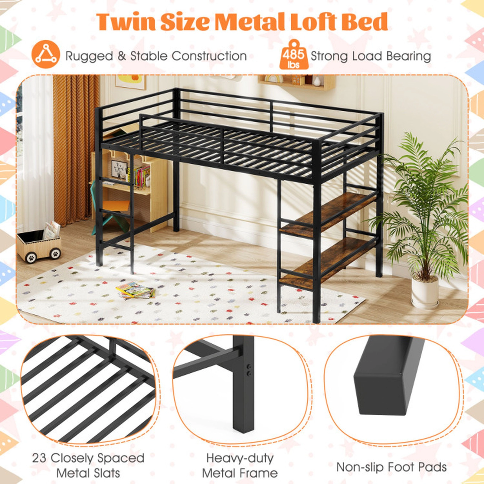 SUGIFT Twin Size Low Loft Bed with Ladder and Storage Shelves Metal Frame 485-lb Bed Capacity Black