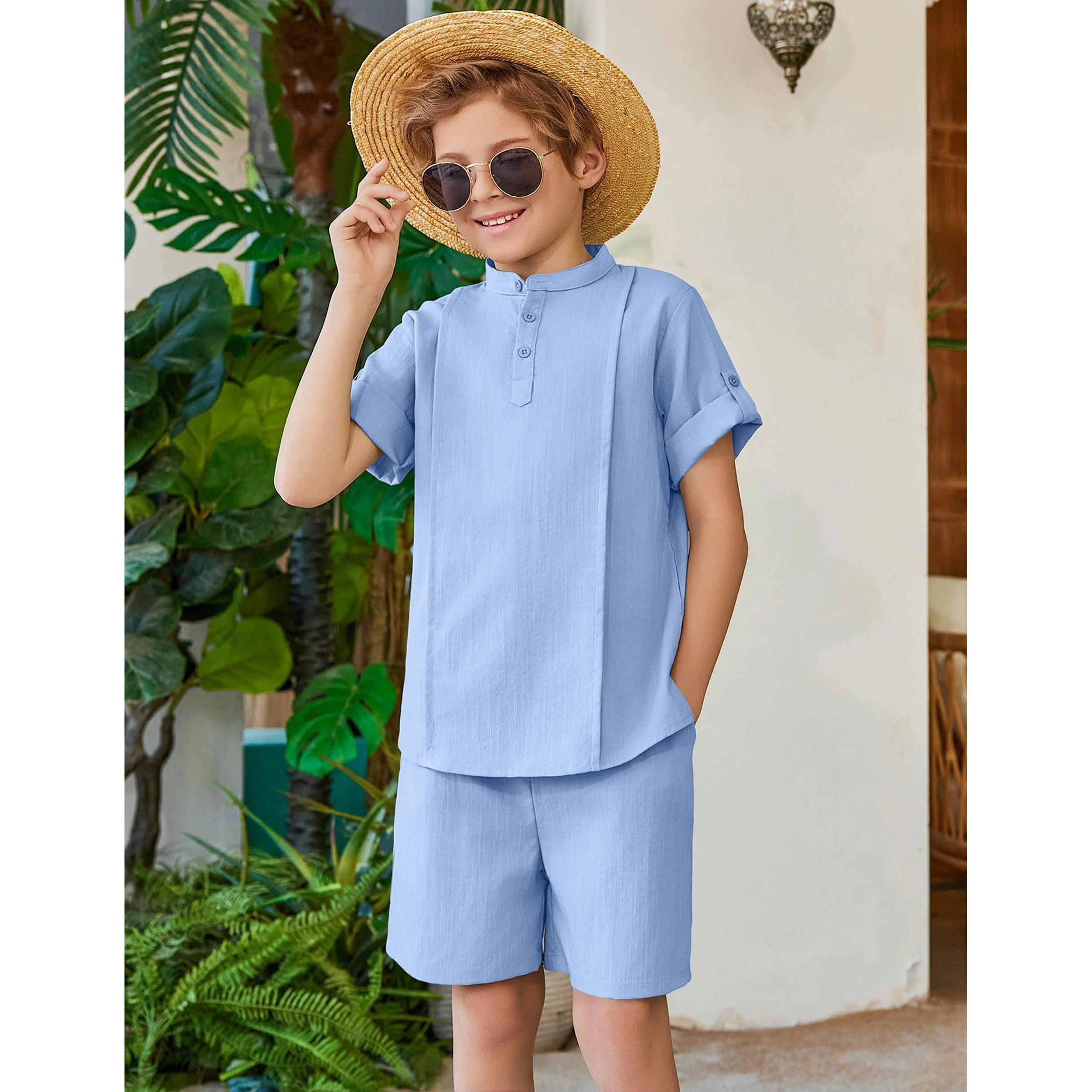 Arshiner Boys Linen Sets Short Sleeve Henley Shirt And Shorts Summer Beach Matching Outfits