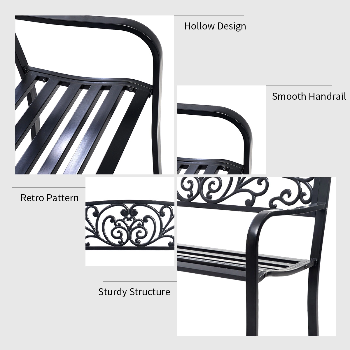 SUGIFT Steel Frame Patio Park Bench with Cast Iron Mesh Backrest 50-in Wide Outdoor Garden Porch Chair