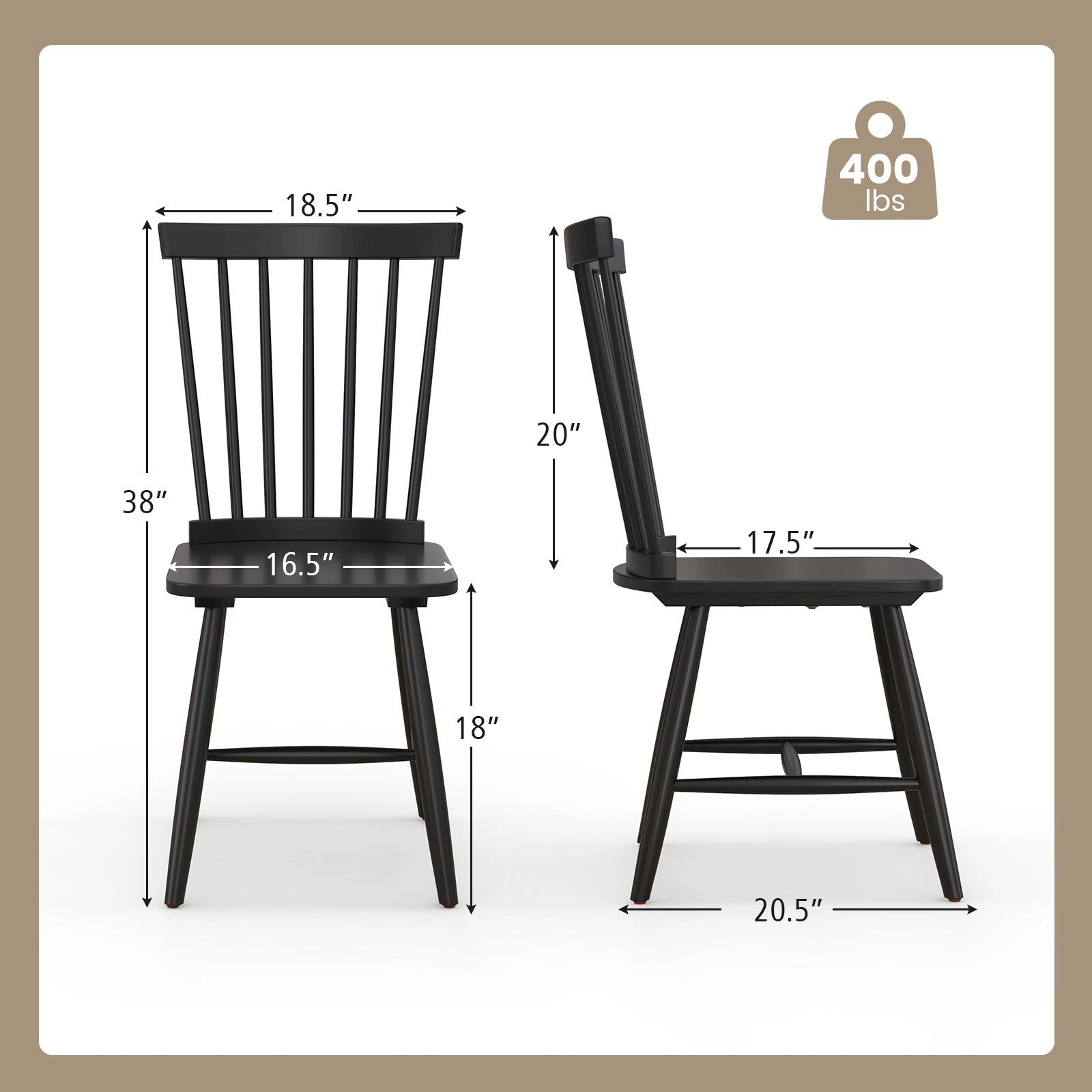 SlickBlue Armless Windsor Dining Chairs Set of 2 Black