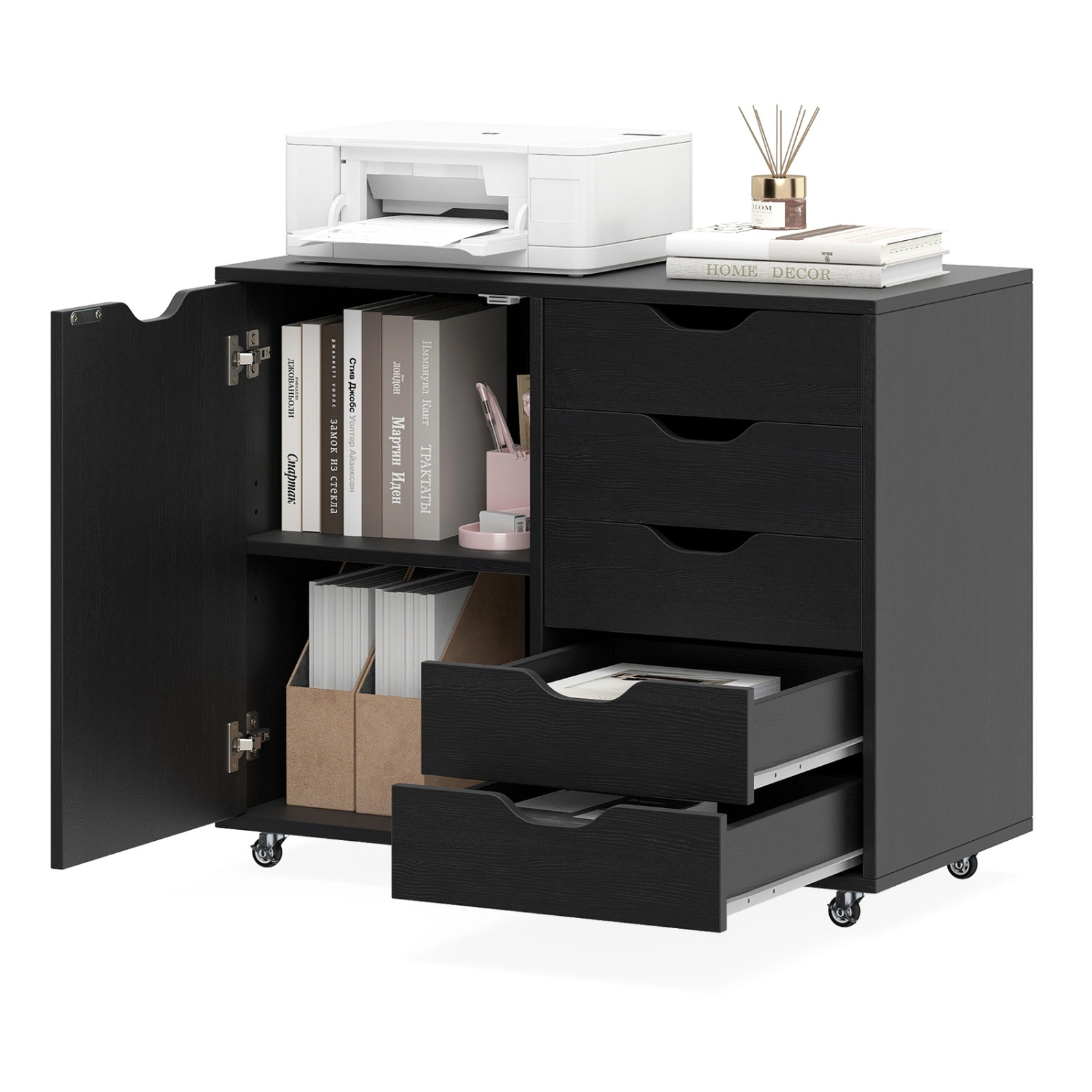 SUGIFT Black 5-Drawer Rolling Printer Stand with Side Storage Cabinet Under Desk Mobile File Cart