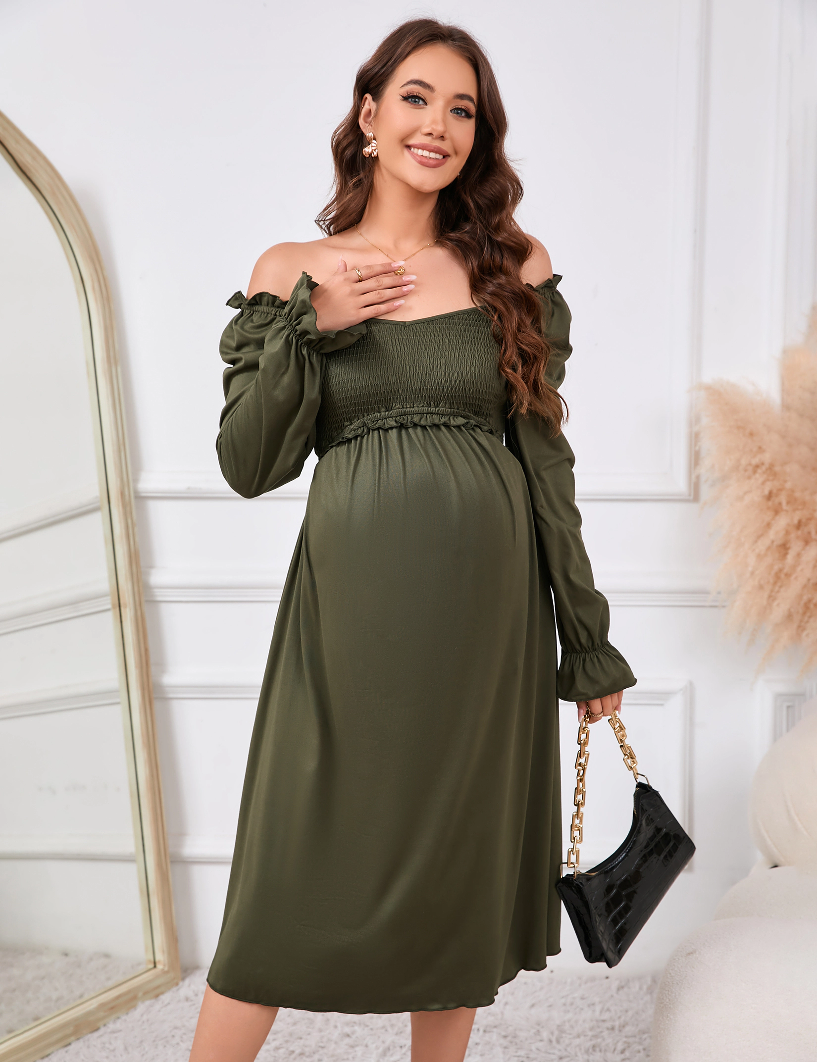 KOJOOIN Maternity Smocked Maxi Dress for Women V-Neck Long Sleeve Flowy