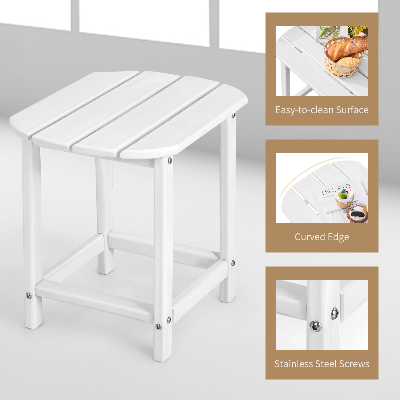 SUGIFT Set of 2 White HDPE Adirondack Outdoor Side Tables, 19 x 14.5 x 18 in