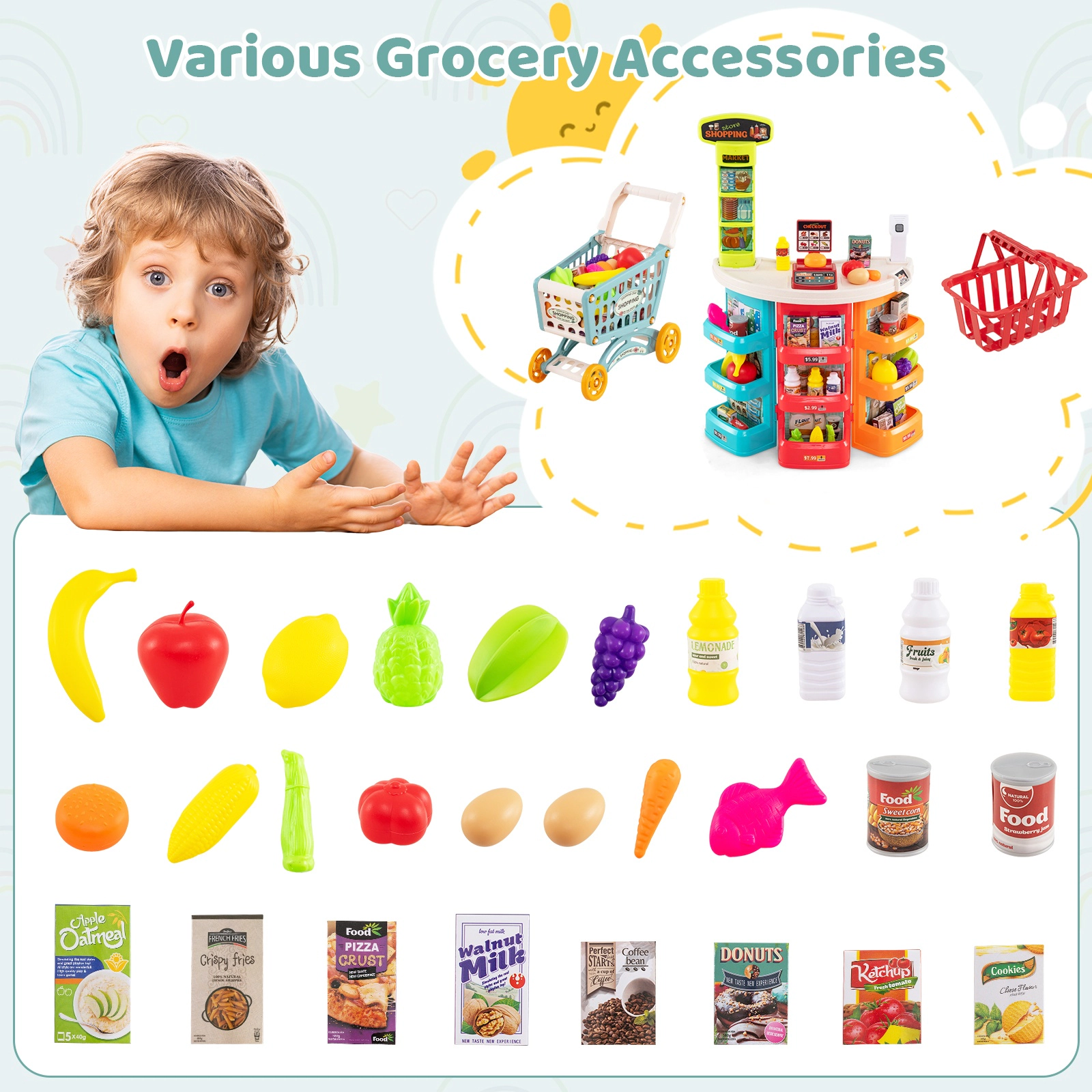 SUGIFT Blue Shopping Cart 76-Piece Kids Supermarket Playset Pretend Grocery Store