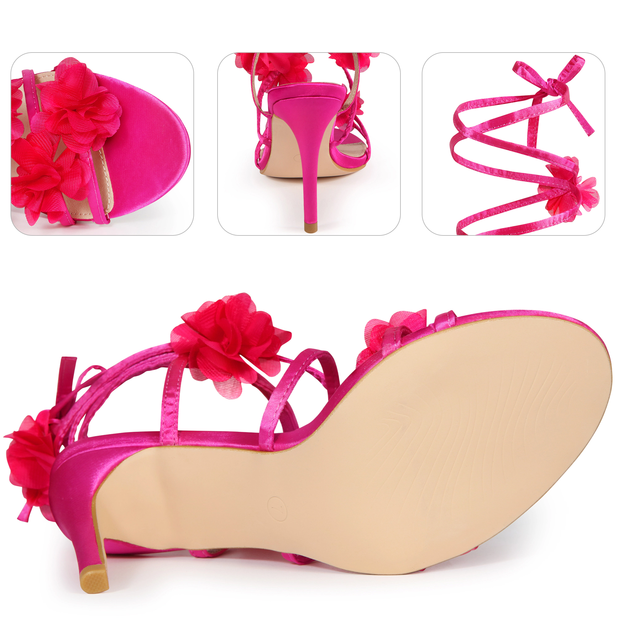 BLISSFUL STEP Women's Satin Floral Lace Up Slingback Stiletto Heel Sandals