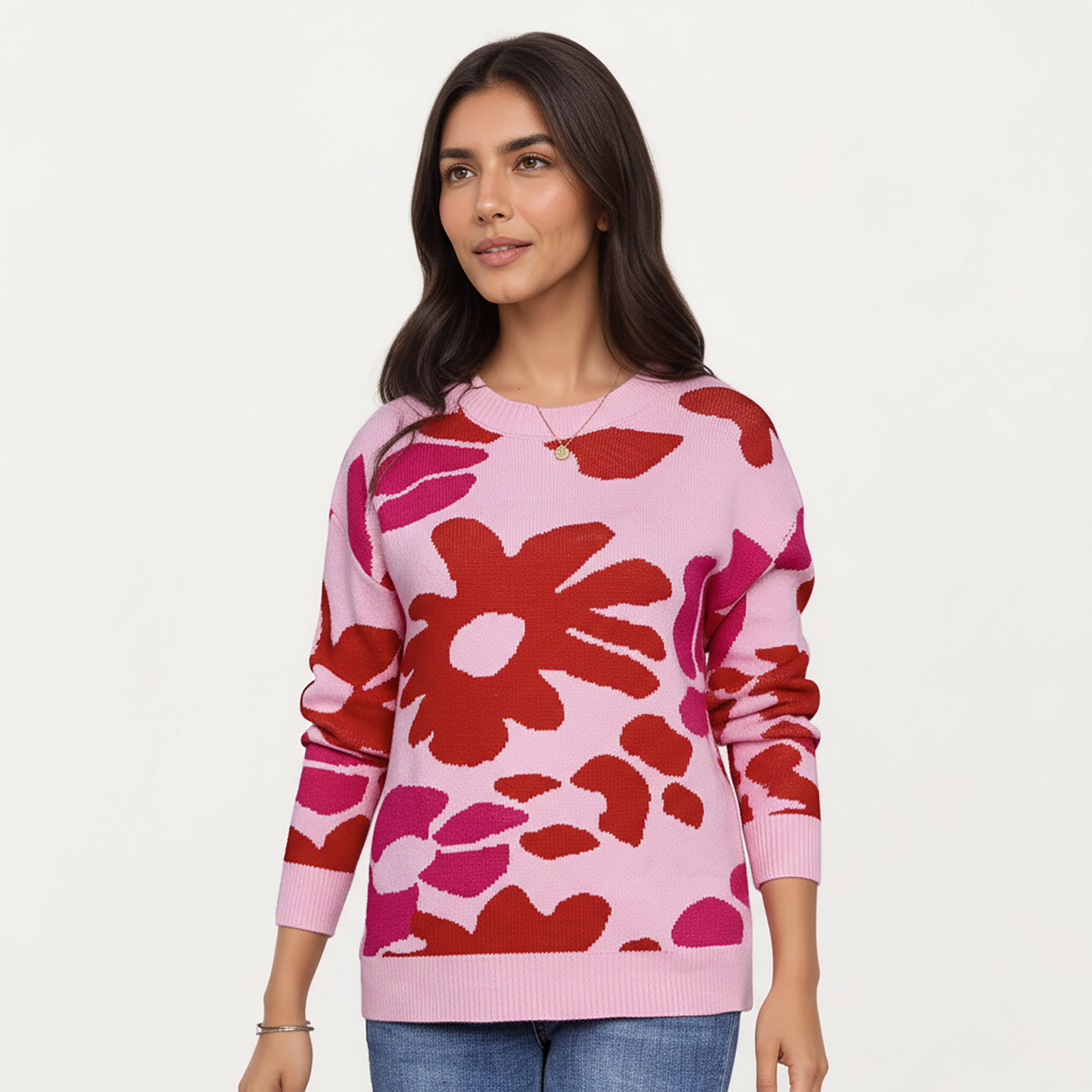 Anna-Kaci Women's Bold Floral Pattern Knit Sweater with Soft Textured Feel, Long Sleeves and Comfortable Relaxed Fit