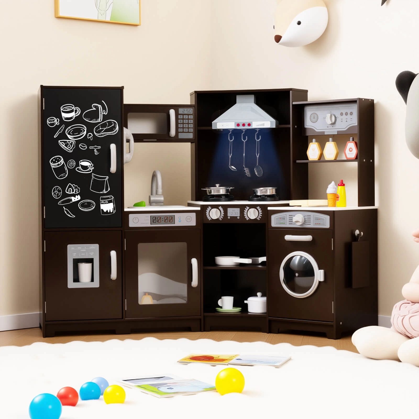 Costway Corner Kids Play Kitchen Wooden Pretend Toy with Realistic Lights Brown