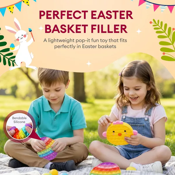Sperric Easter Pop Toys 3Pk, Rainbow Bunny Chicken & Egg Pop-It Fidget, Stress Relief Sensory Basket Stuffers for Kids