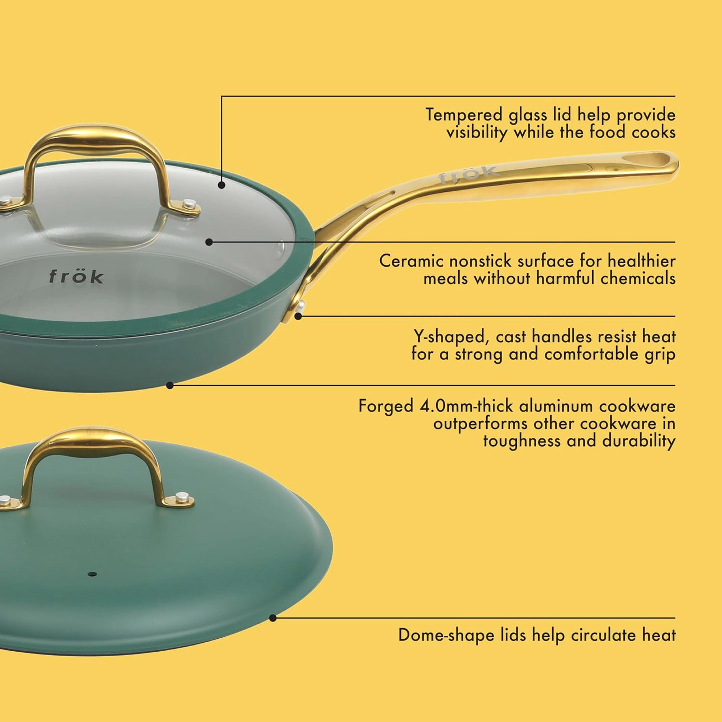 Frok 10 Piece Cearmic Nonstick Aluminum Cookware Set in Green with Gold Handles