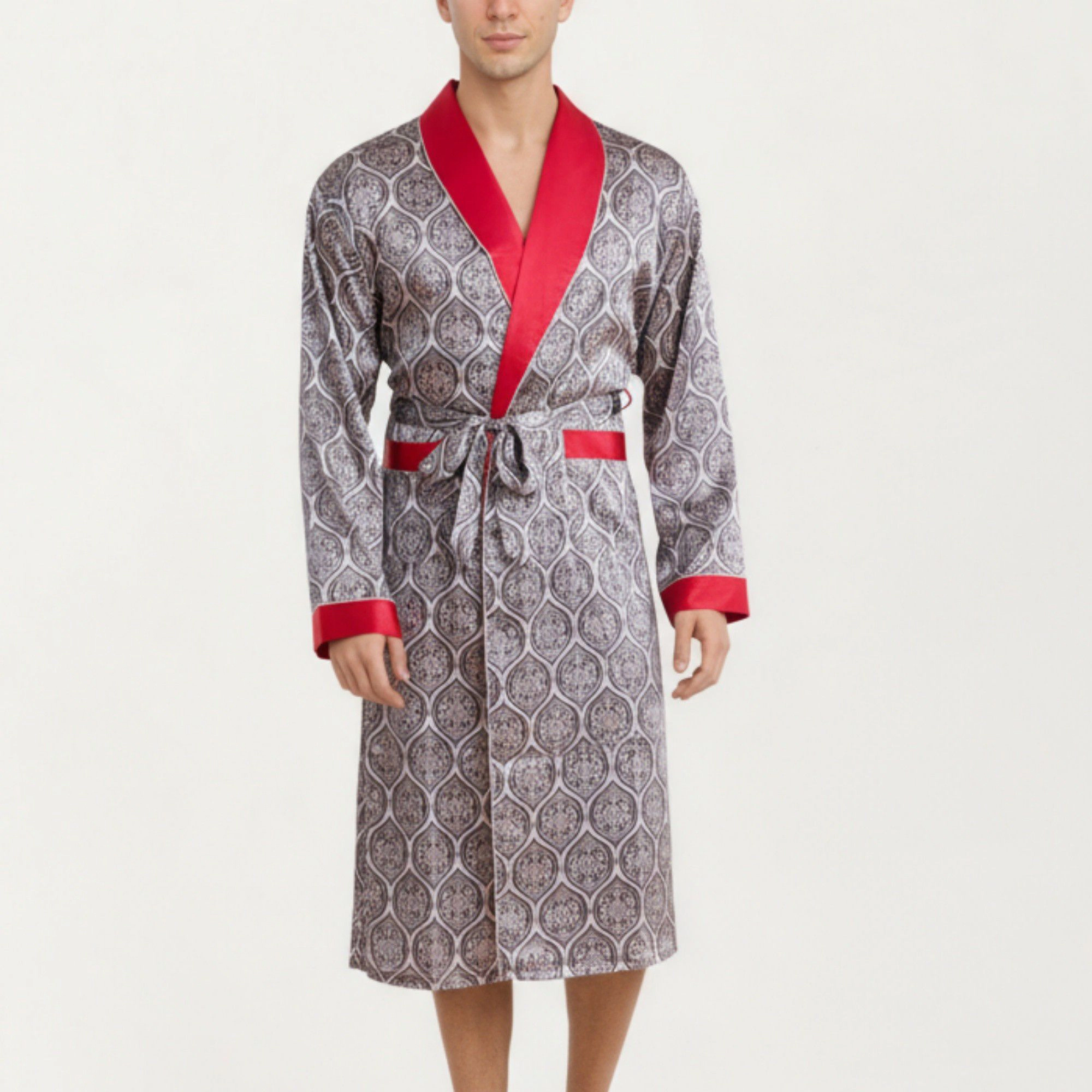 Anna-Kaci Men's Satin Robe with Ornate Medallion Pattern and Contrast Trim Details