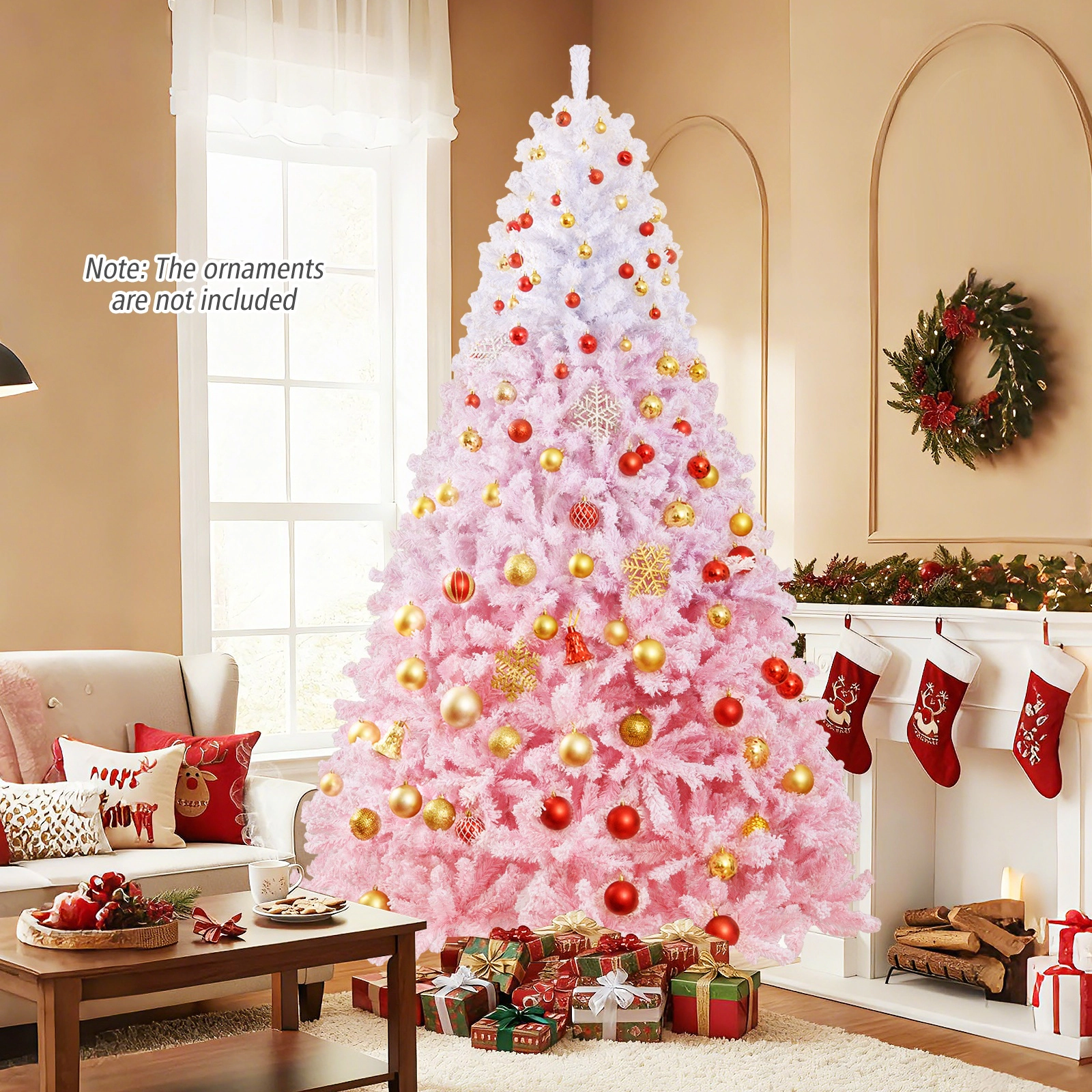 SUGIFT Flocked Gradient Pre-Lit Artificial Christmas Tree Warm White LED Lights & 8 Modes 8 Feet White to Pink/White