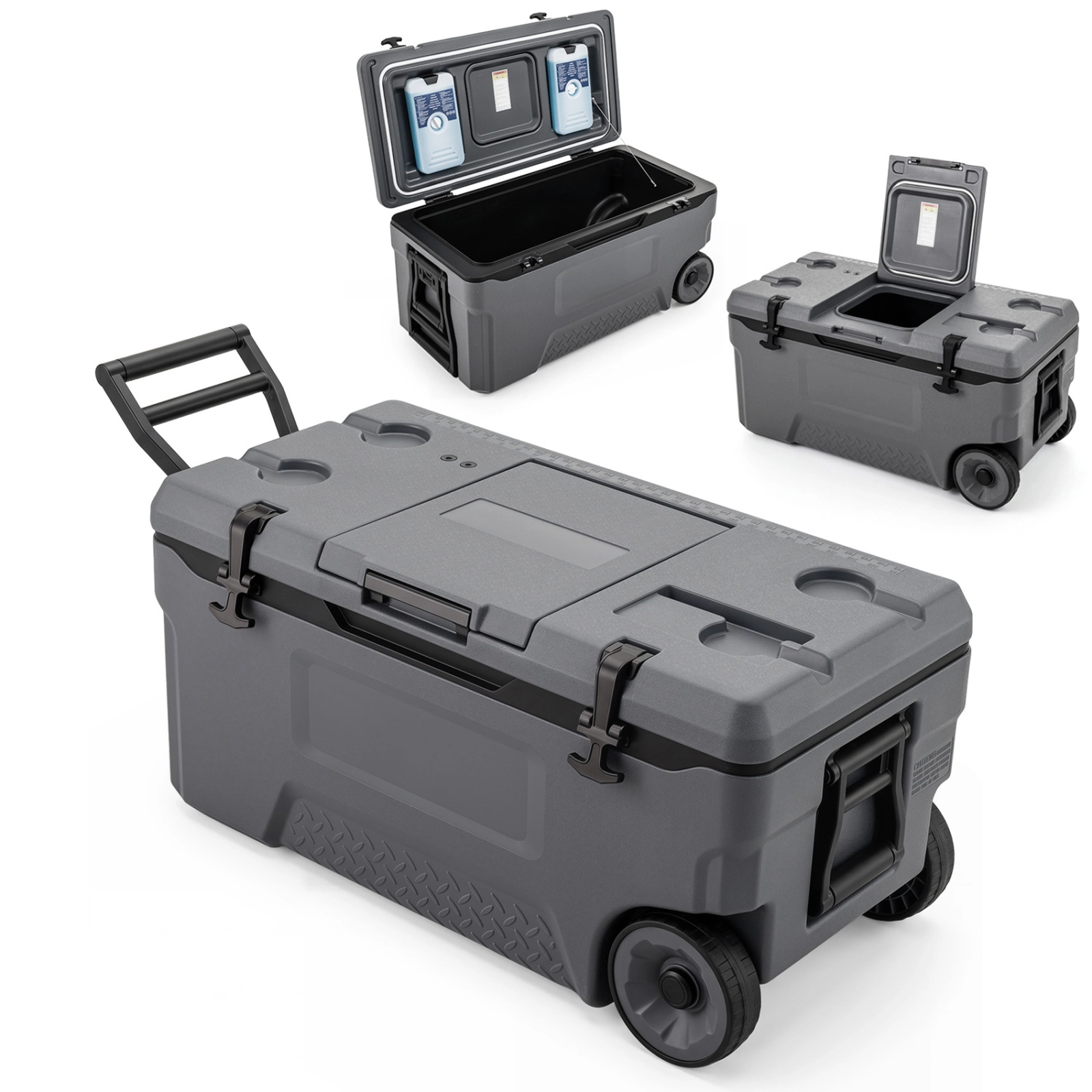 SUGIFT 74 Quart Rolling Cooler with Fish Ruler 330-lb Load Capacity Hard Side Ice Chest with Cup Holders and Wheels