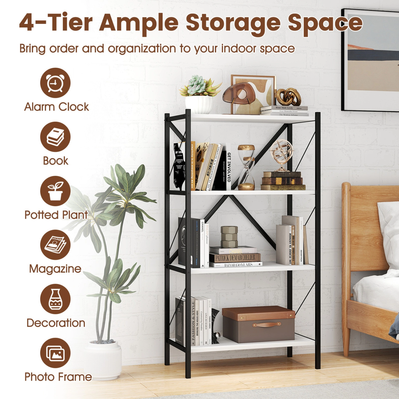 SUGIFT White 4-Tier Bookshelf with Heavy-Duty Metal Frame and 13 in Shelf Spacing